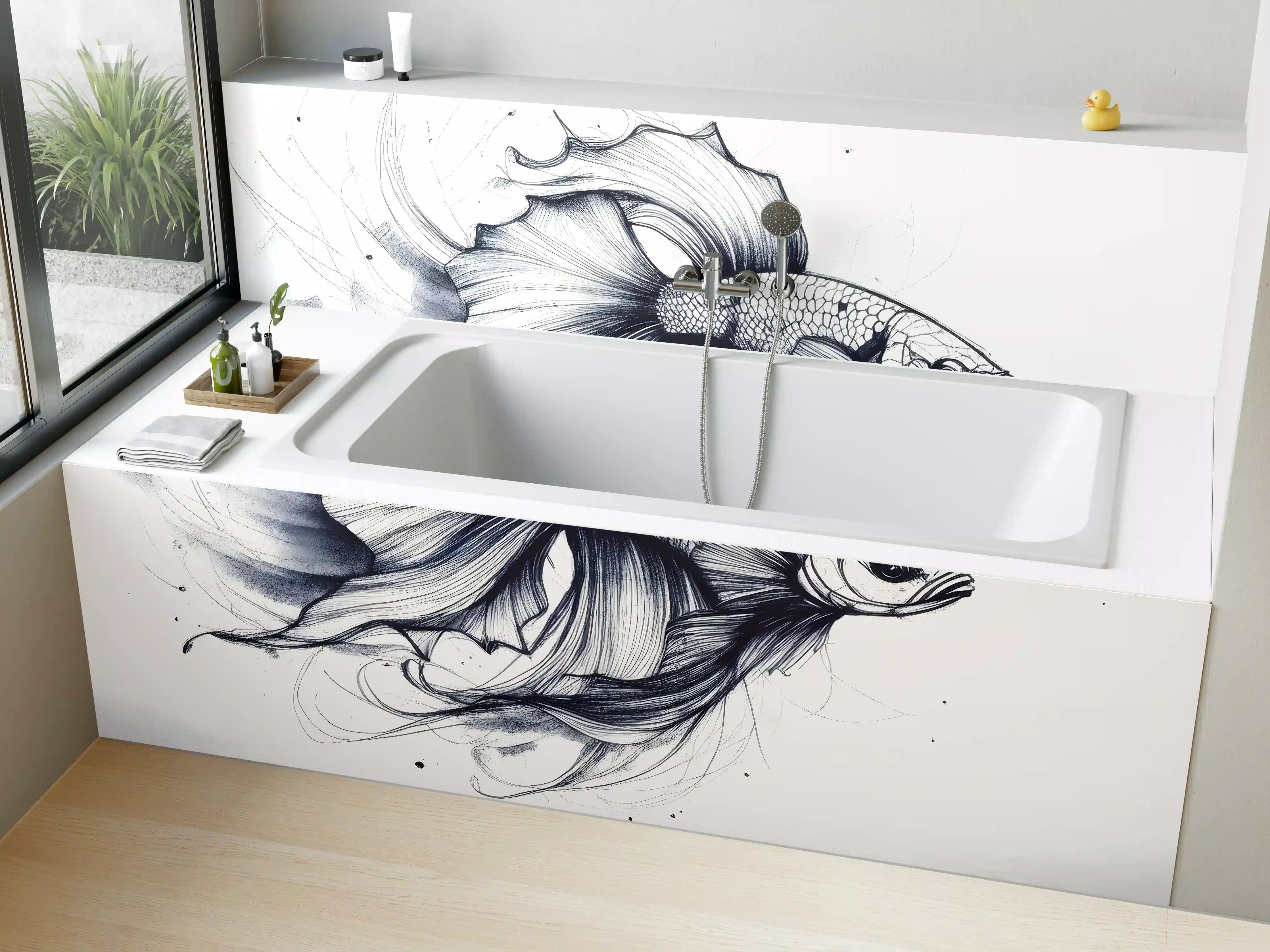 Badewannen-Rückwand - Weiß-Grau Betta-Fisch Illustration