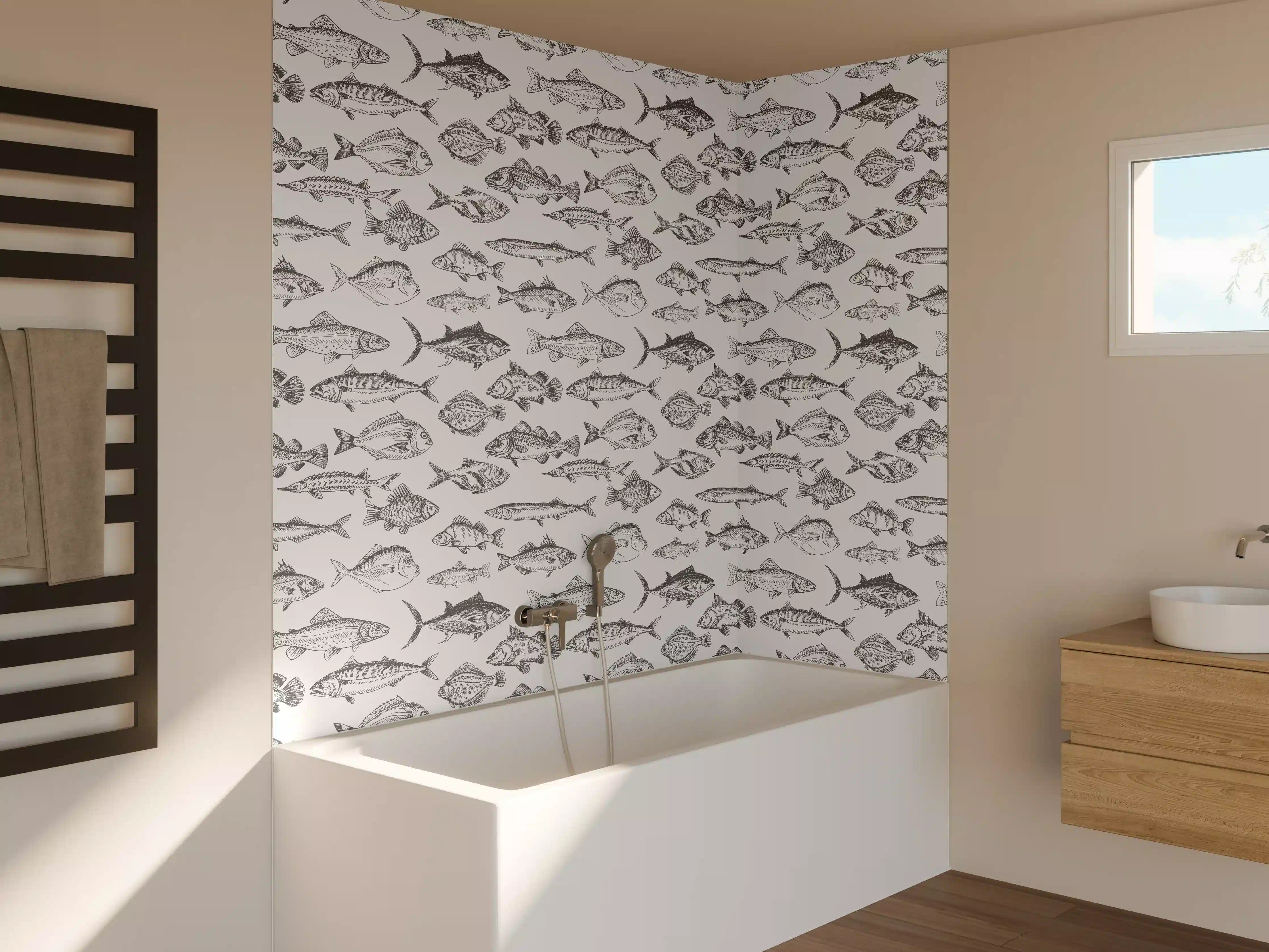 Badewannen-Rückwand - Weiß-Grau Fischmuster