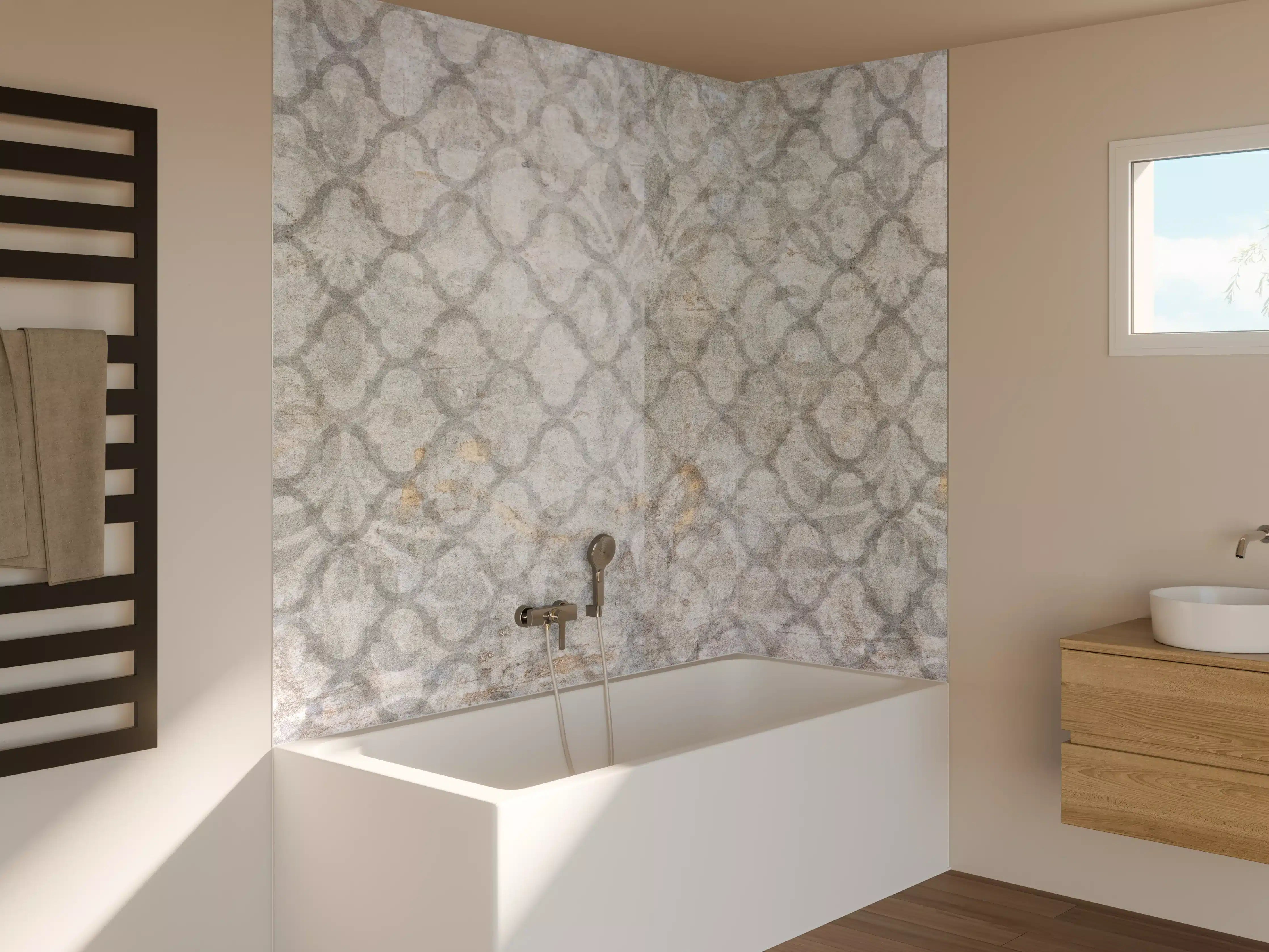Badewannen-Rückwand - Weiß-Grau Vintage Damask-Tapete