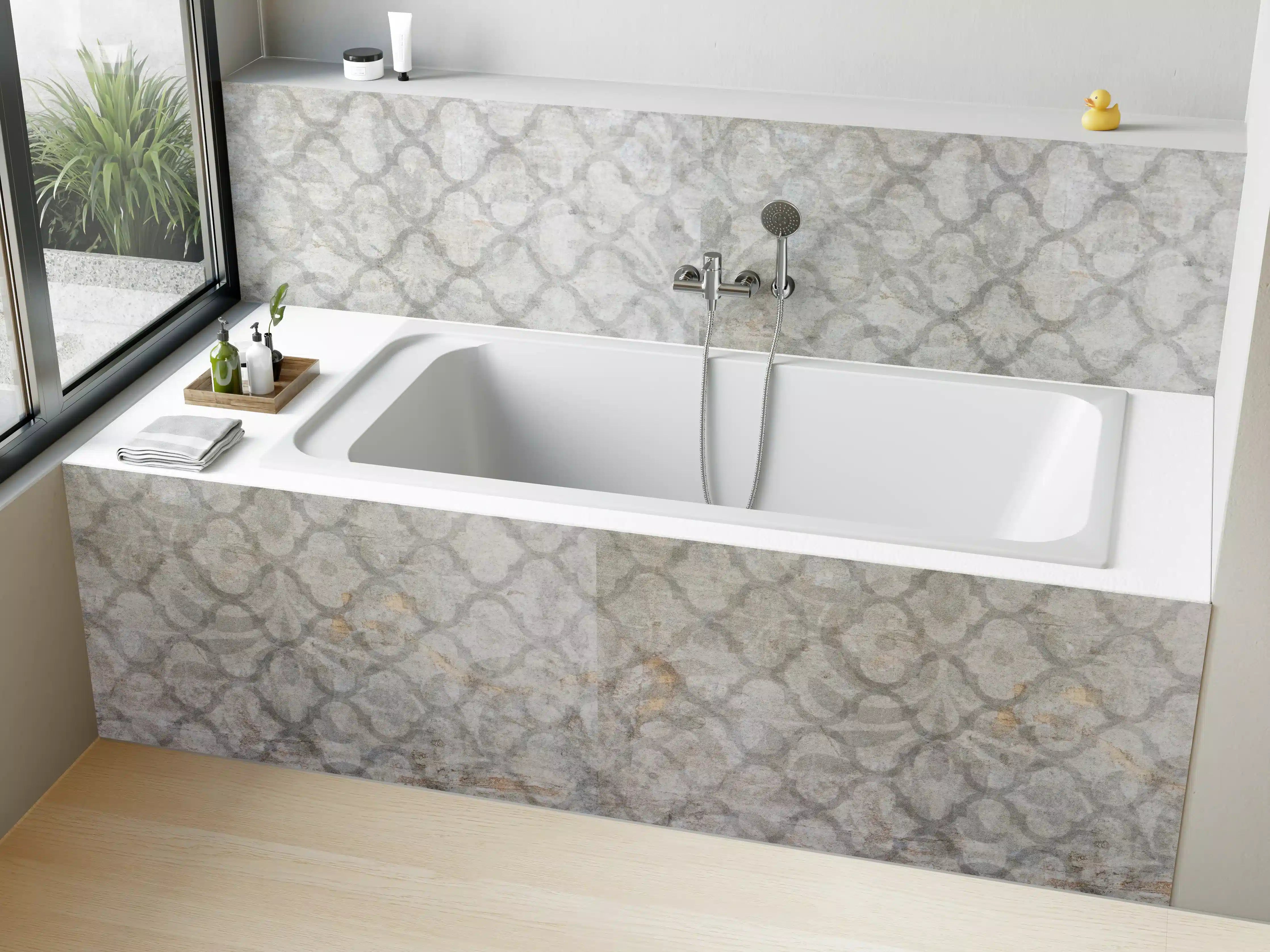 Badewannen-Rückwand - Weiß-Grau Vintage Damask-Tapete