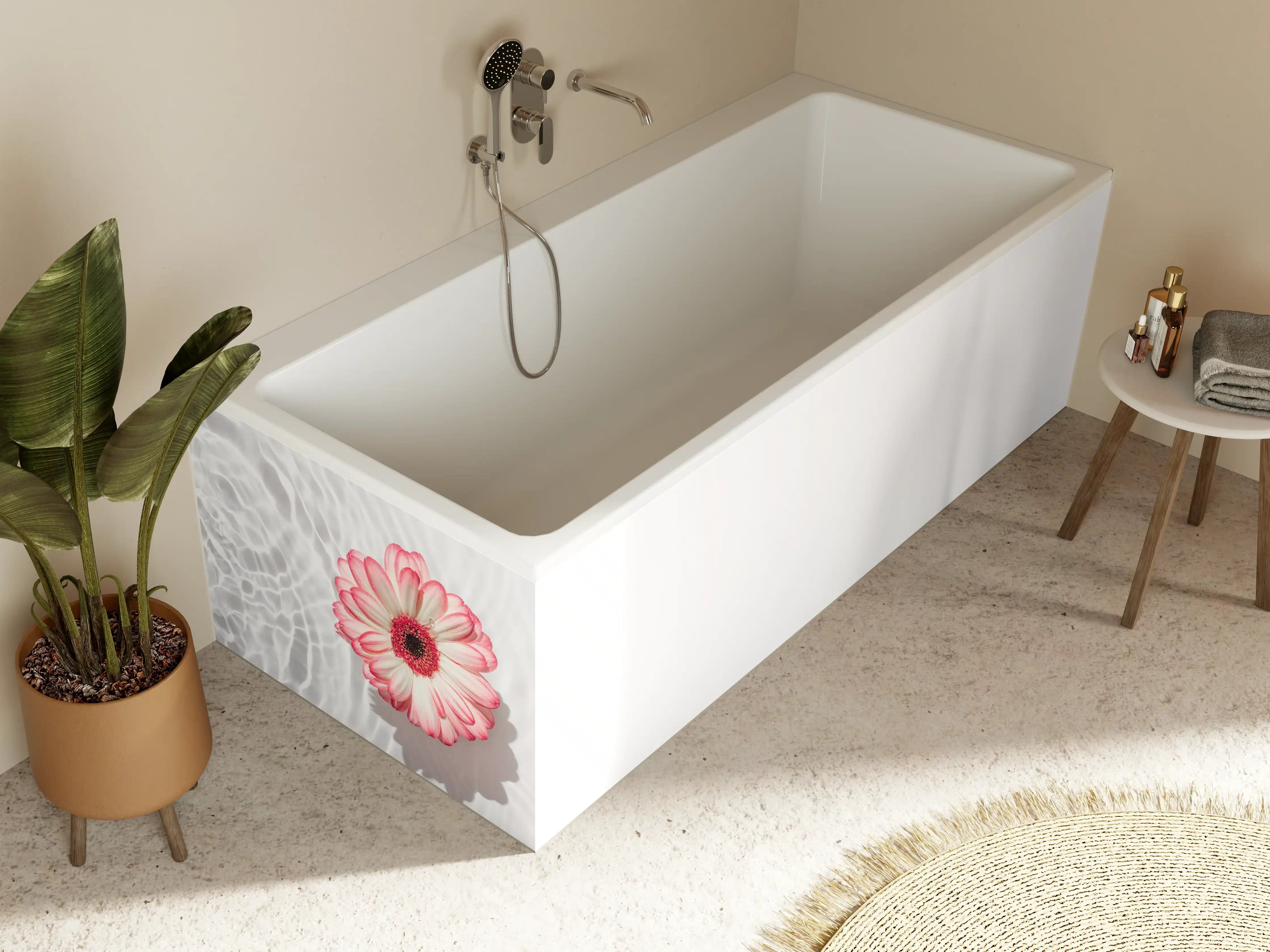 Badewannen-Rückwand - Weiß-Grau mit Rosa Gerbera