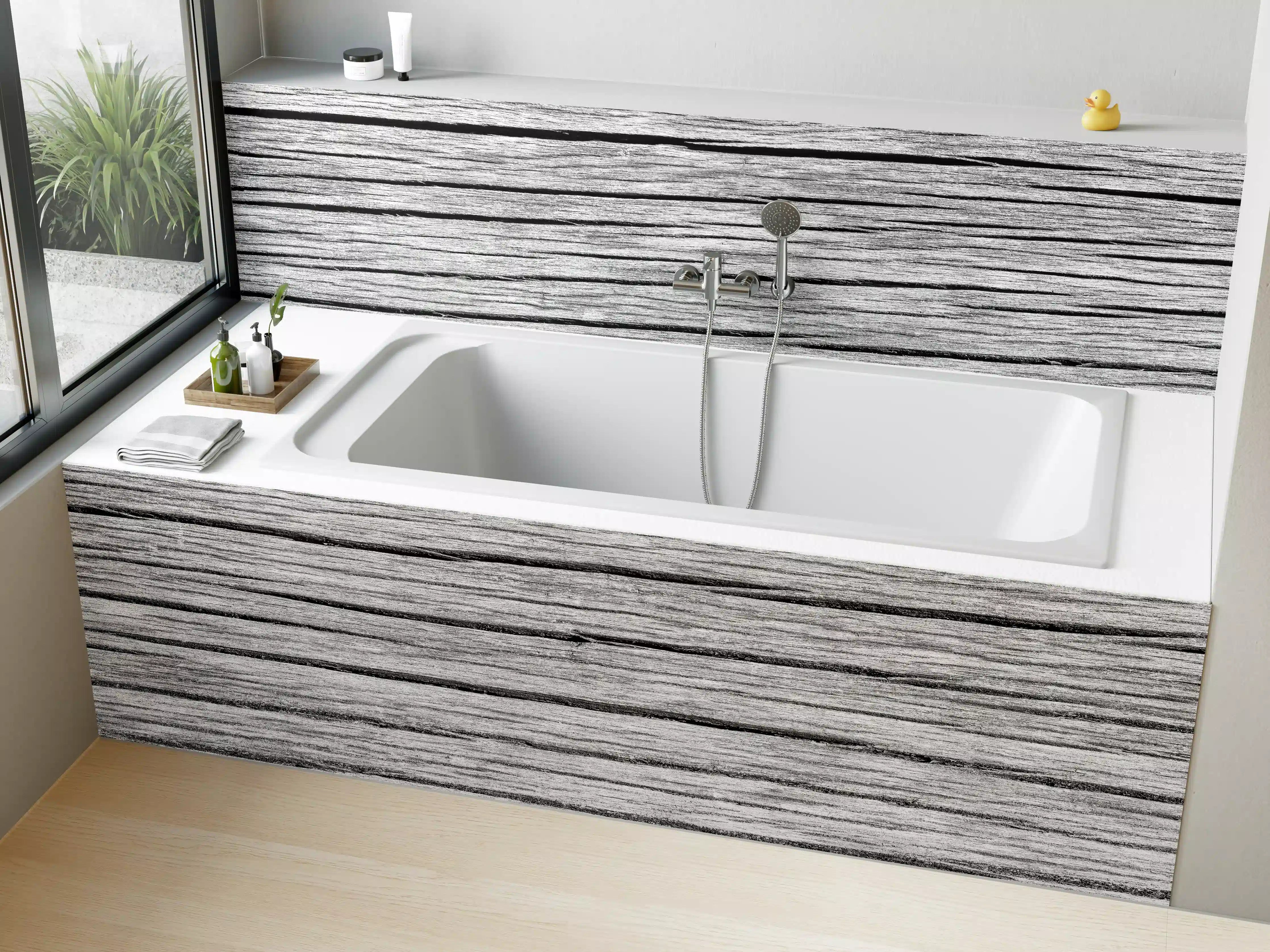 Badewannen-Rückwand - Weiß-Graue Holztextur Panorama