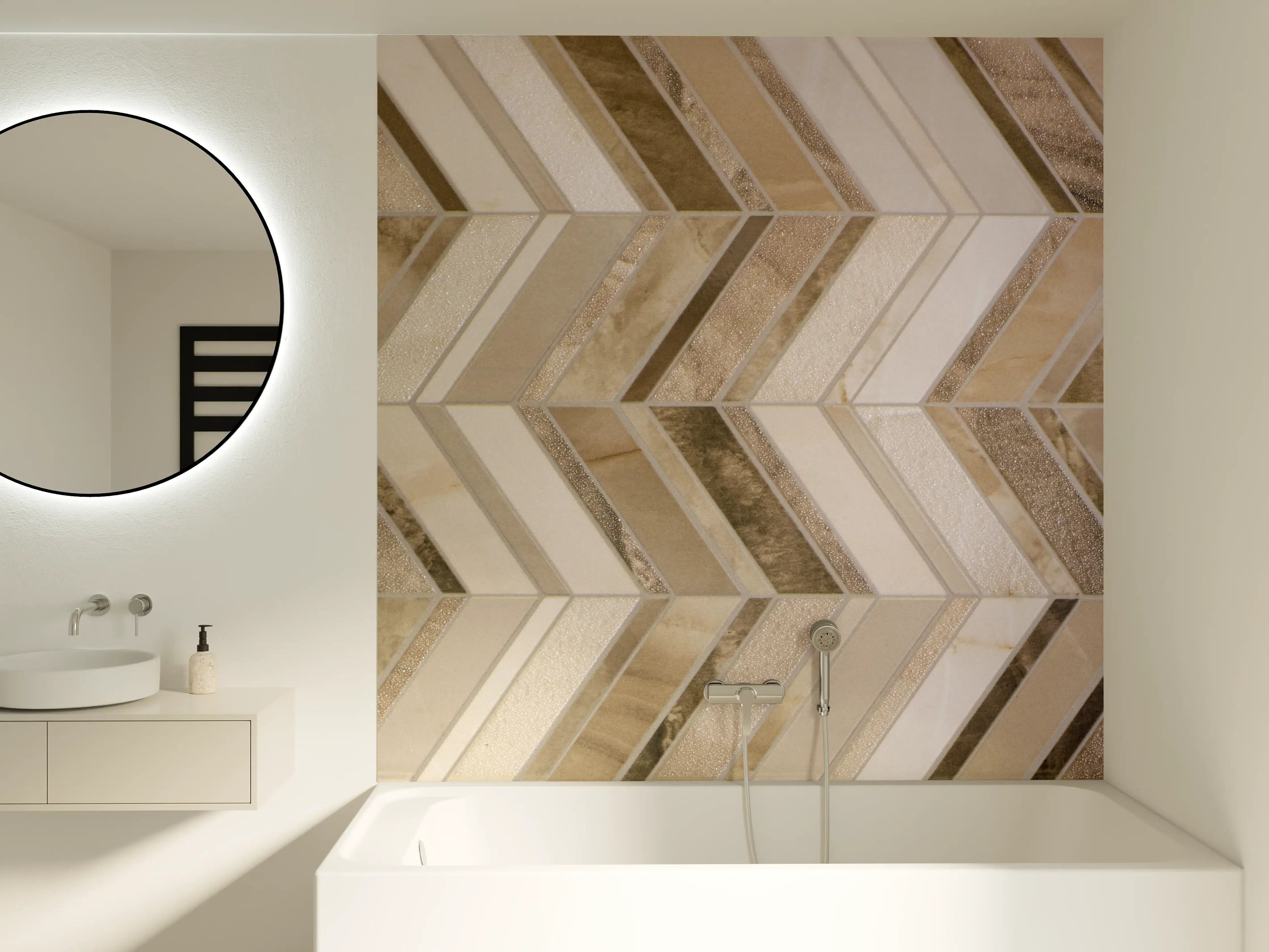 Badewannen-Rückwand - Weiß-Graue Musterfliesen