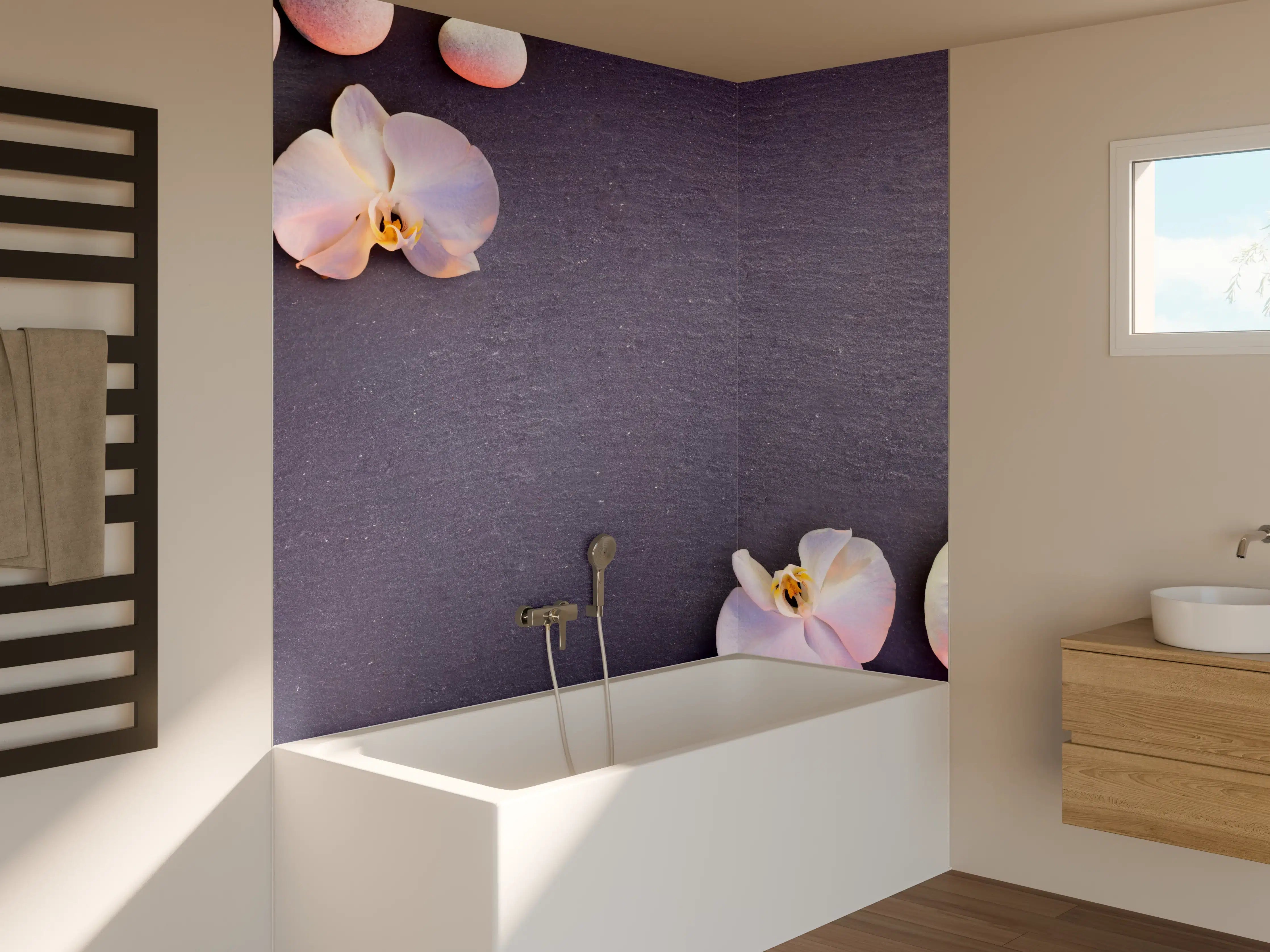 Badewannen-Rückwand - Weiß-Rosa Orchideen auf Schiefer