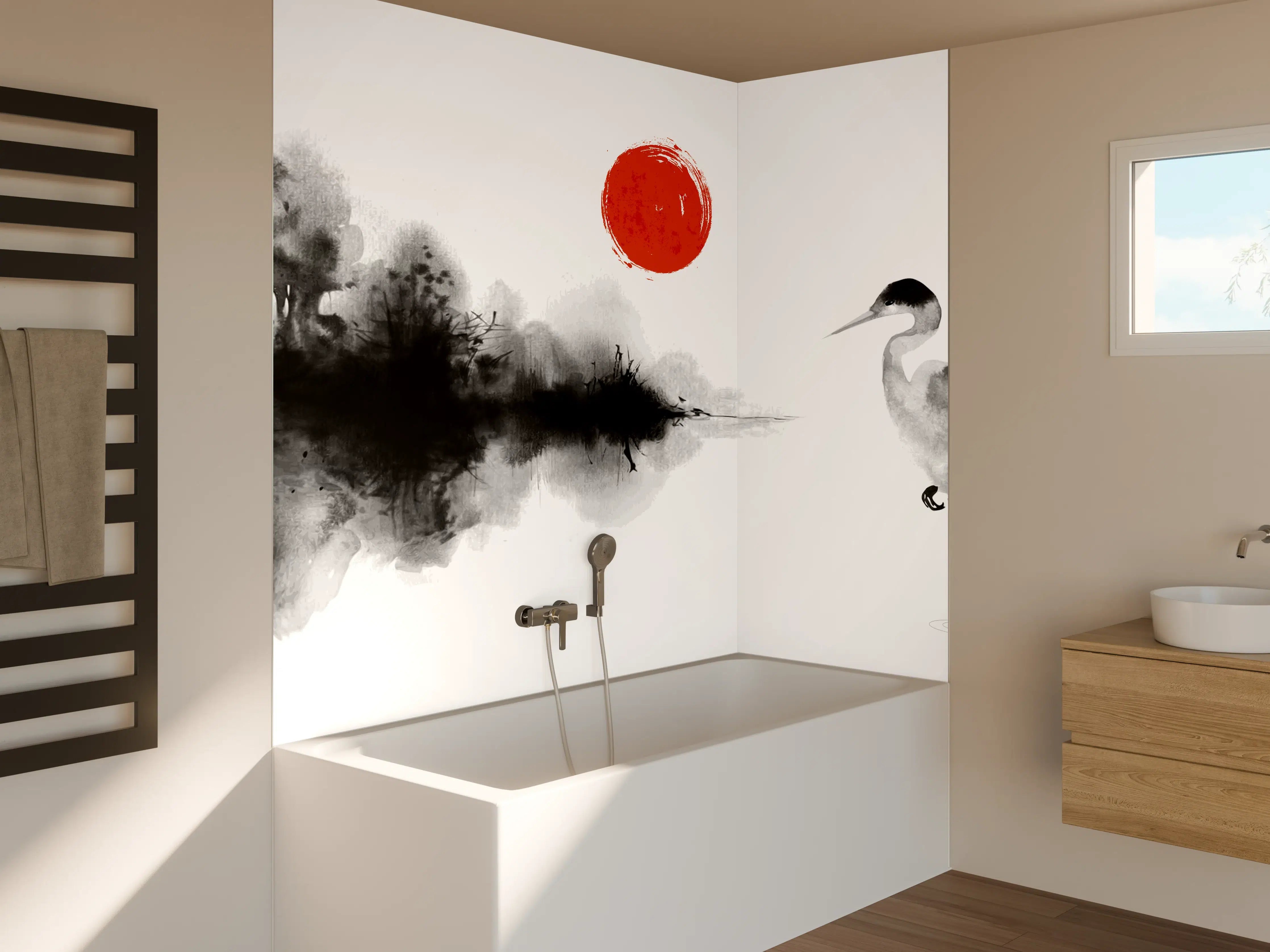 Badewannen-Rückwand - Weiß-Schwarze Kranich Malerei