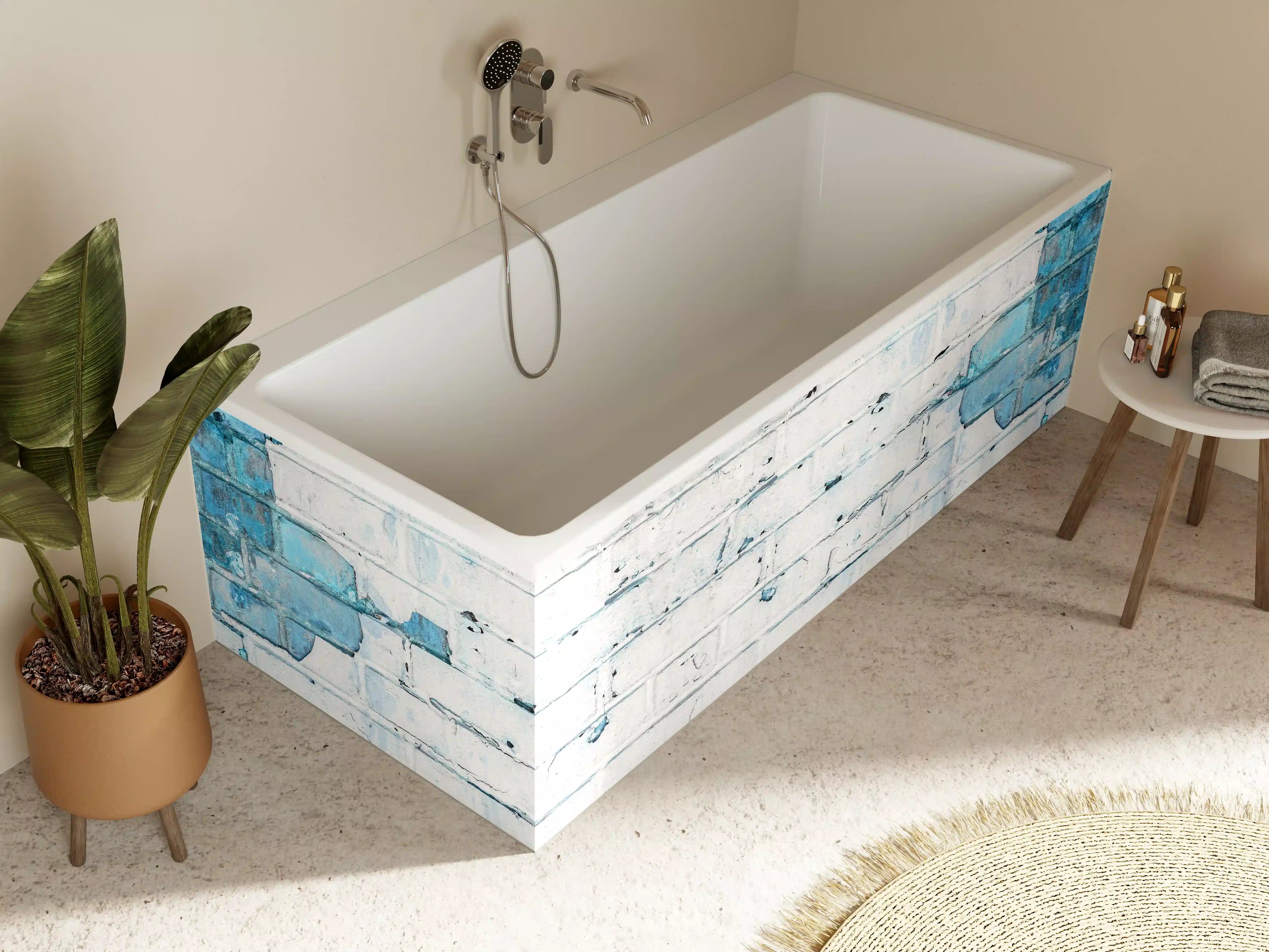Badewannen-Rückwand - Weiß blau beschädigte Backsteinmauer