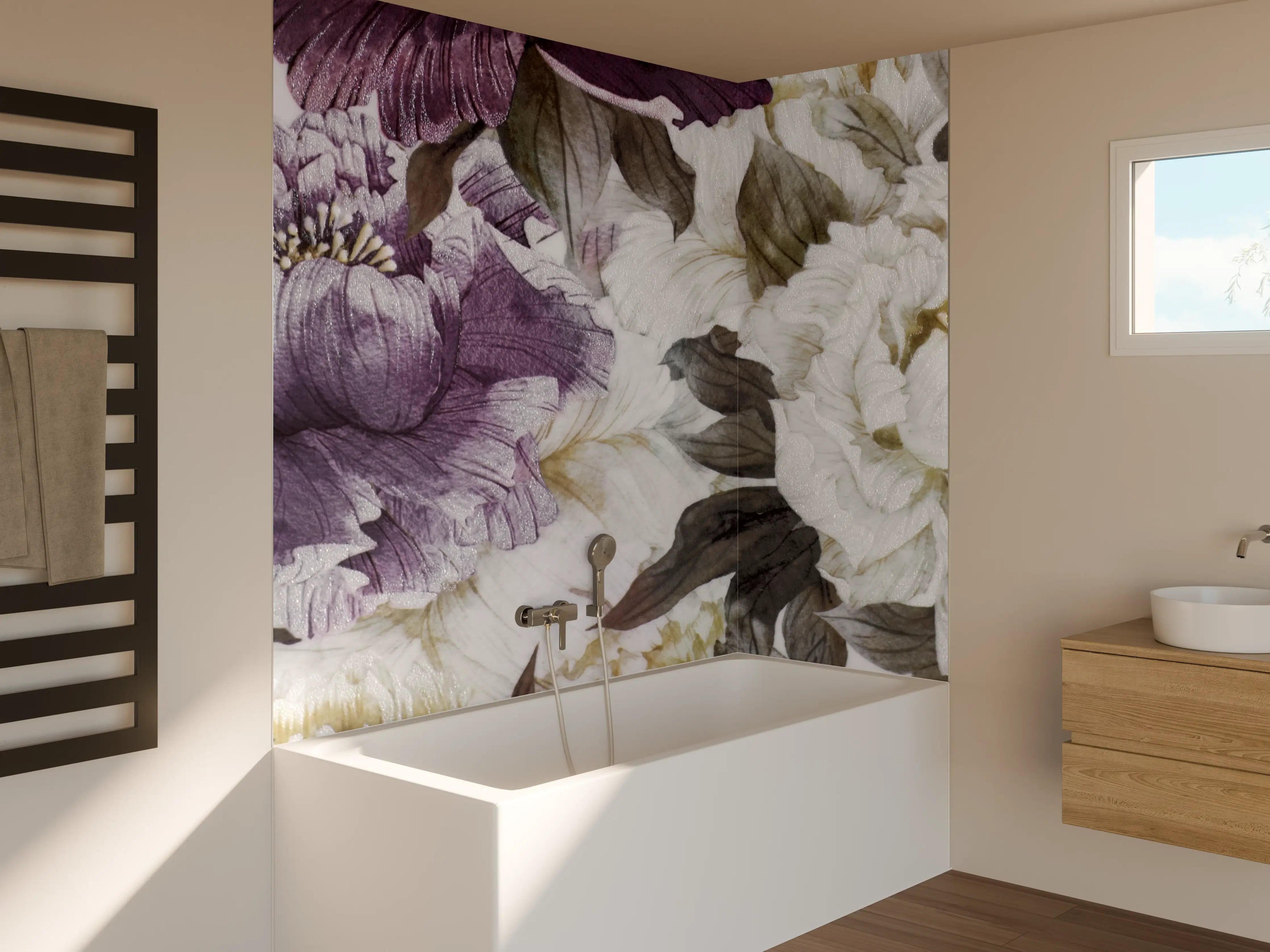 Badewannen-Rückwand - Weiß-lila Blumenmuster mit Grautönen