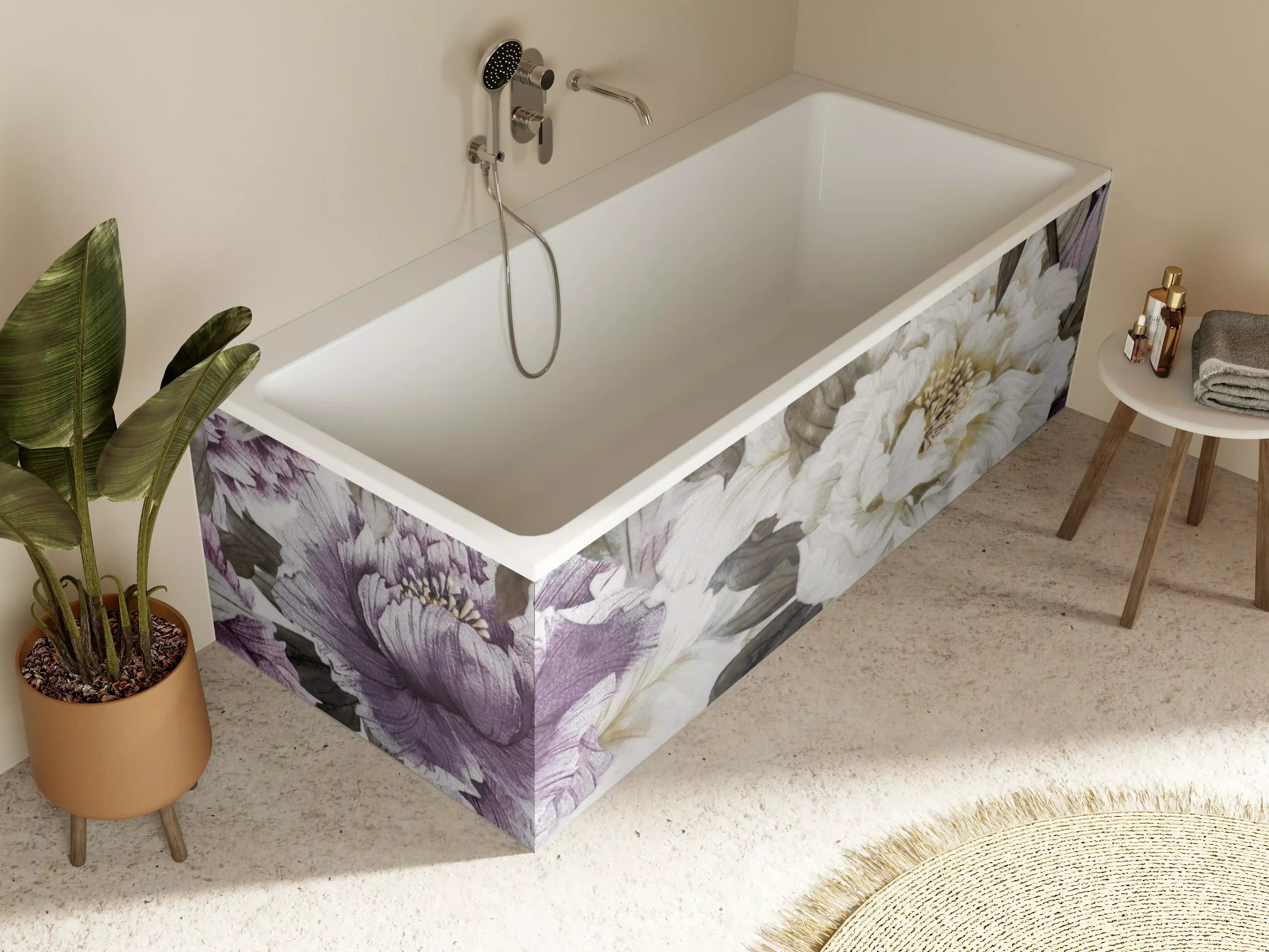 Badewannen-Rückwand - Weiß-lila Blumenmuster mit Grautönen