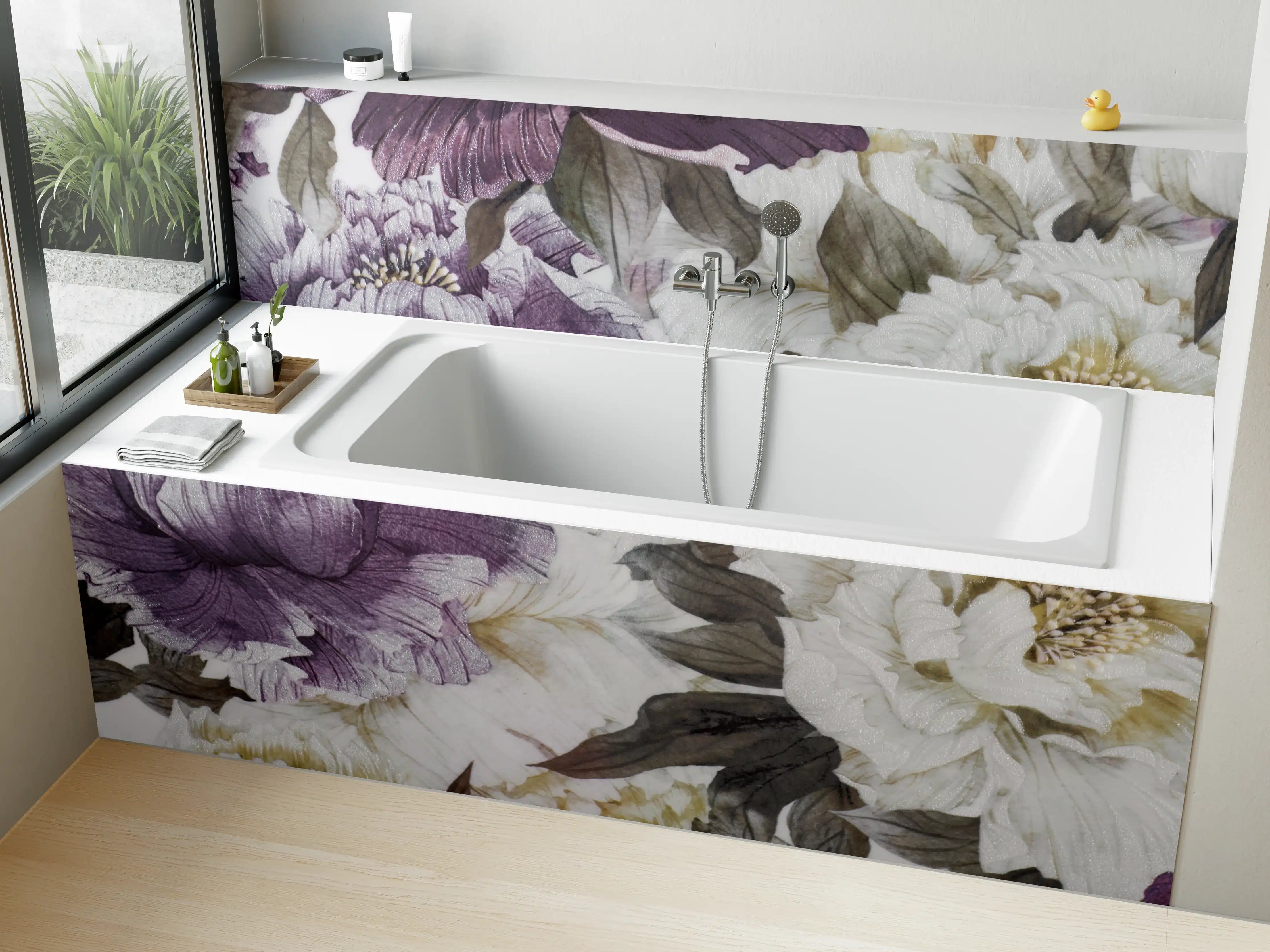 Badewannen-Rückwand - Weiß-lila Blumenmuster mit Grautönen