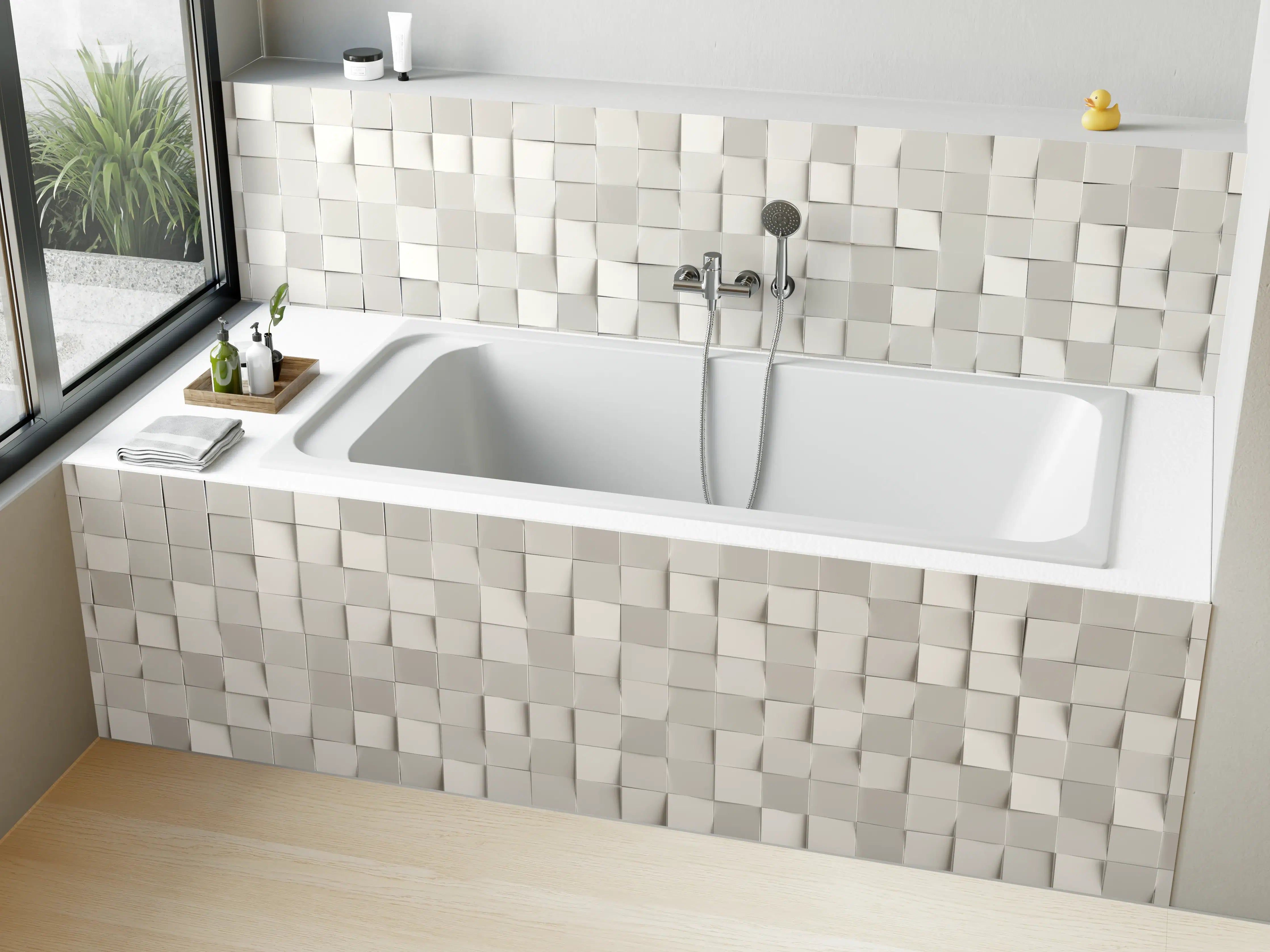 Badewannen-Rückwand - Weiße 3D-Wandfläche mit Quader-Textur