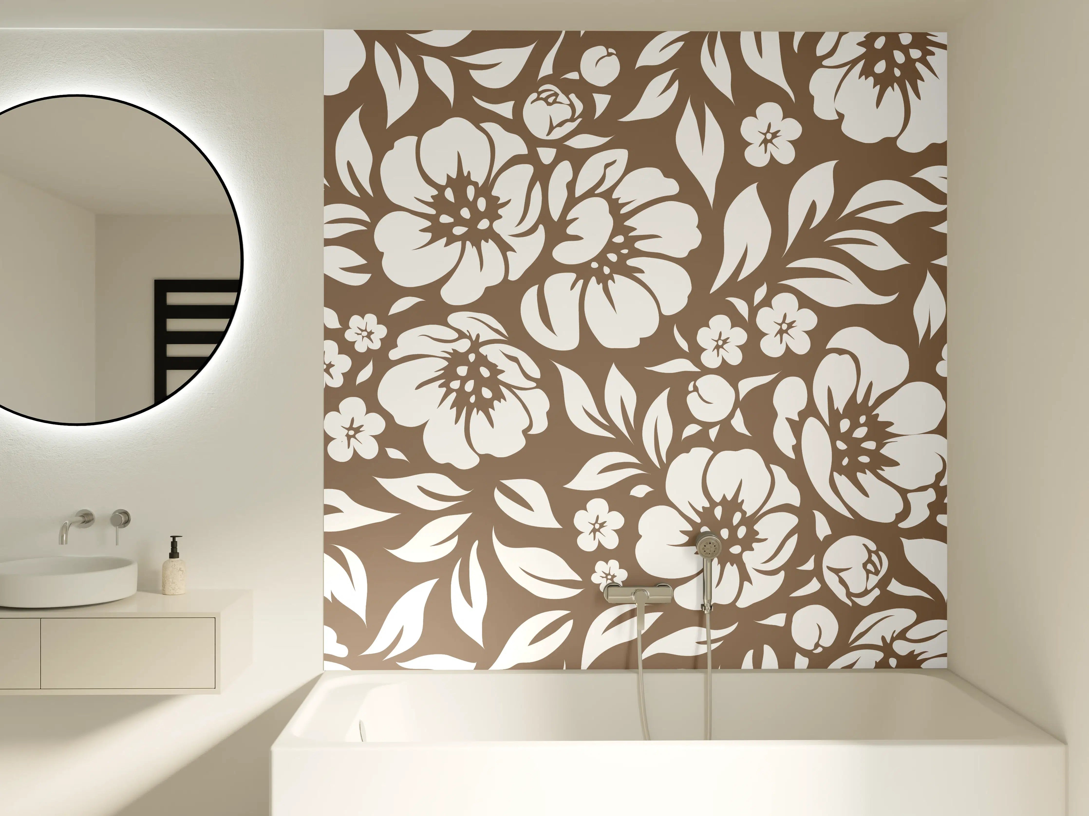 Badewannen-Rückwand - Weiße Blütenmuster mit Braunakzenten