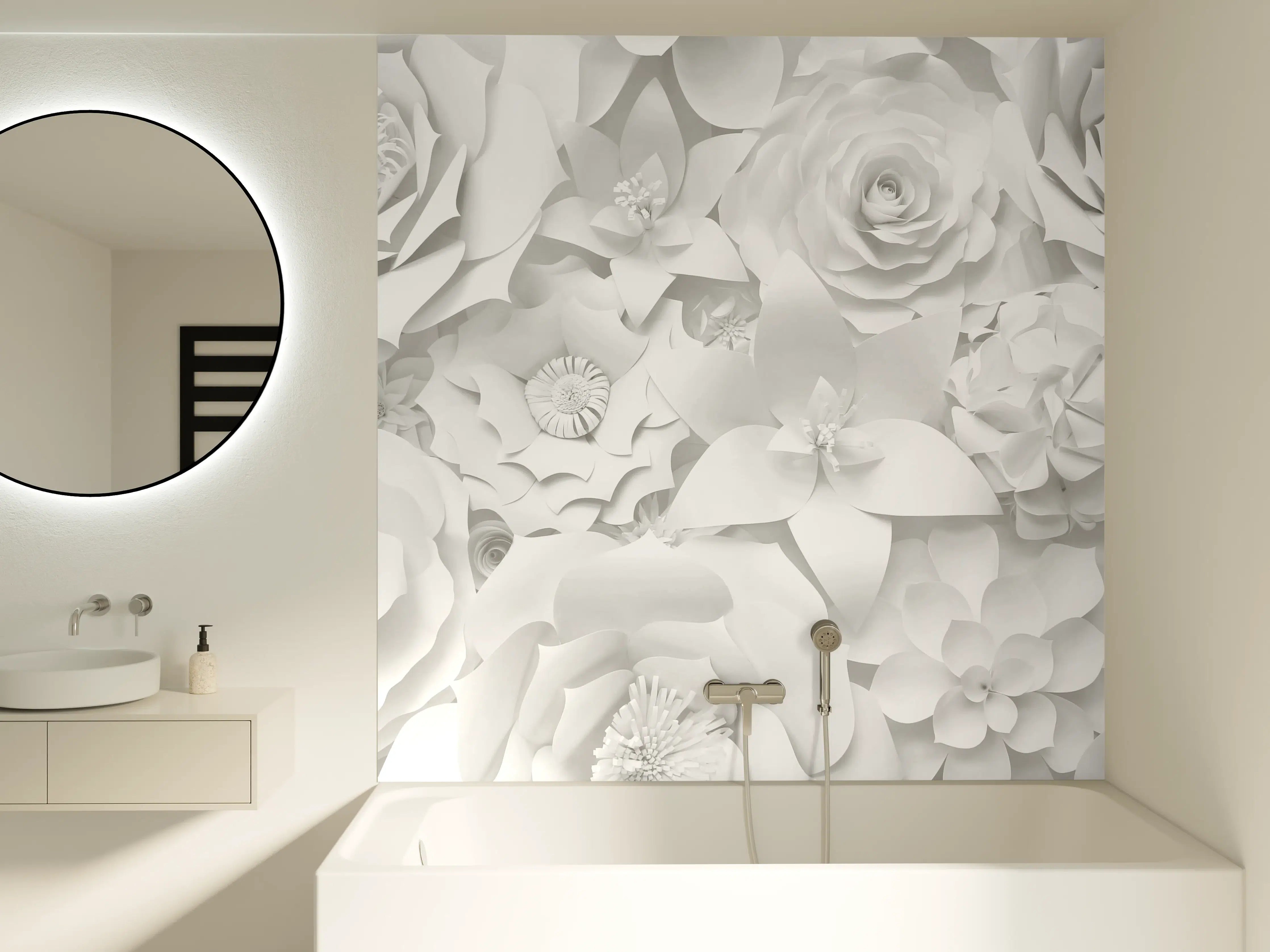 Badewannen-Rückwand - Weiße Blumendeko mit zarter Struktur