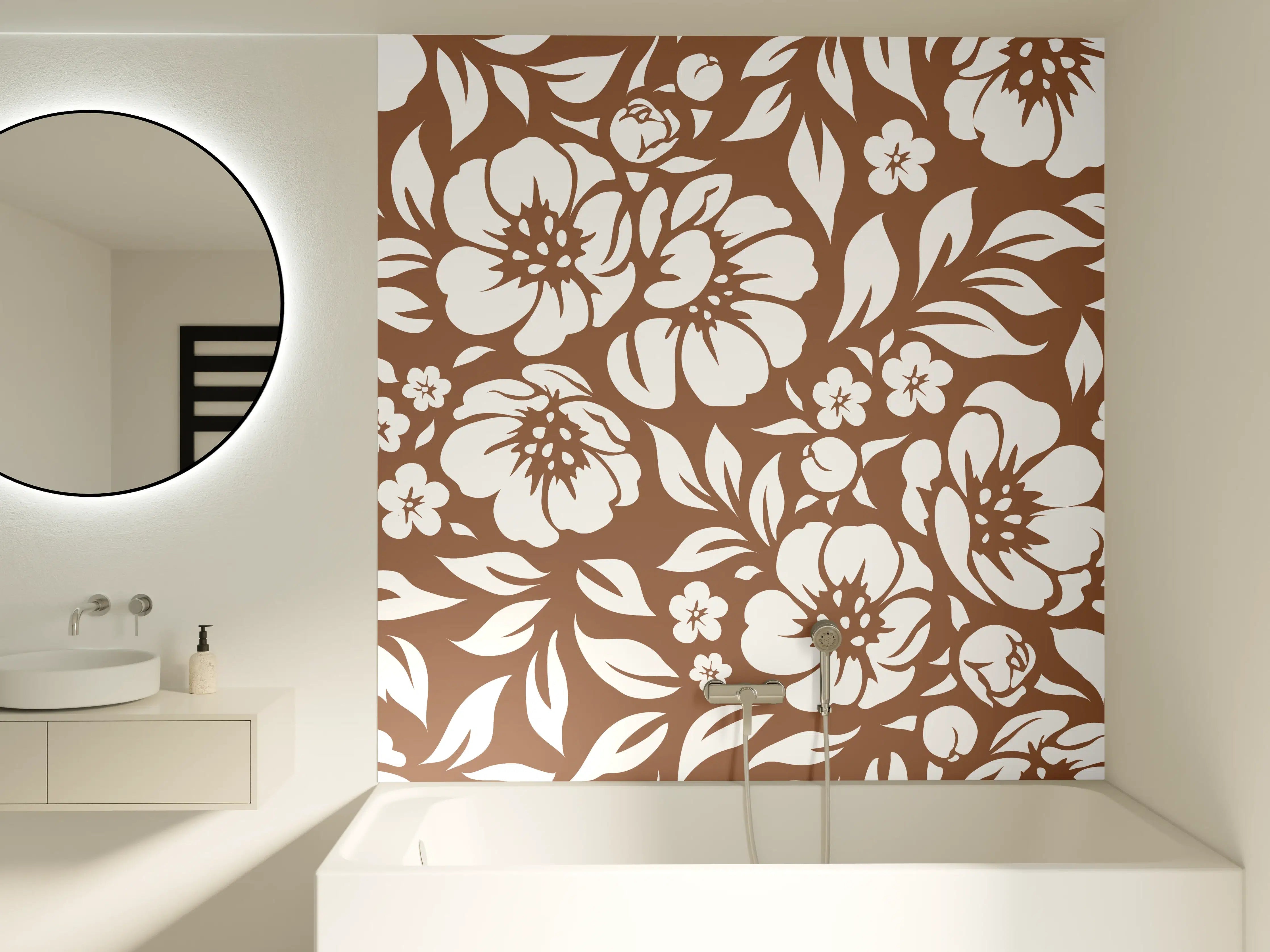 Badewannen-Rückwand - Weiße Blumenmuster auf braunem Hintergrund