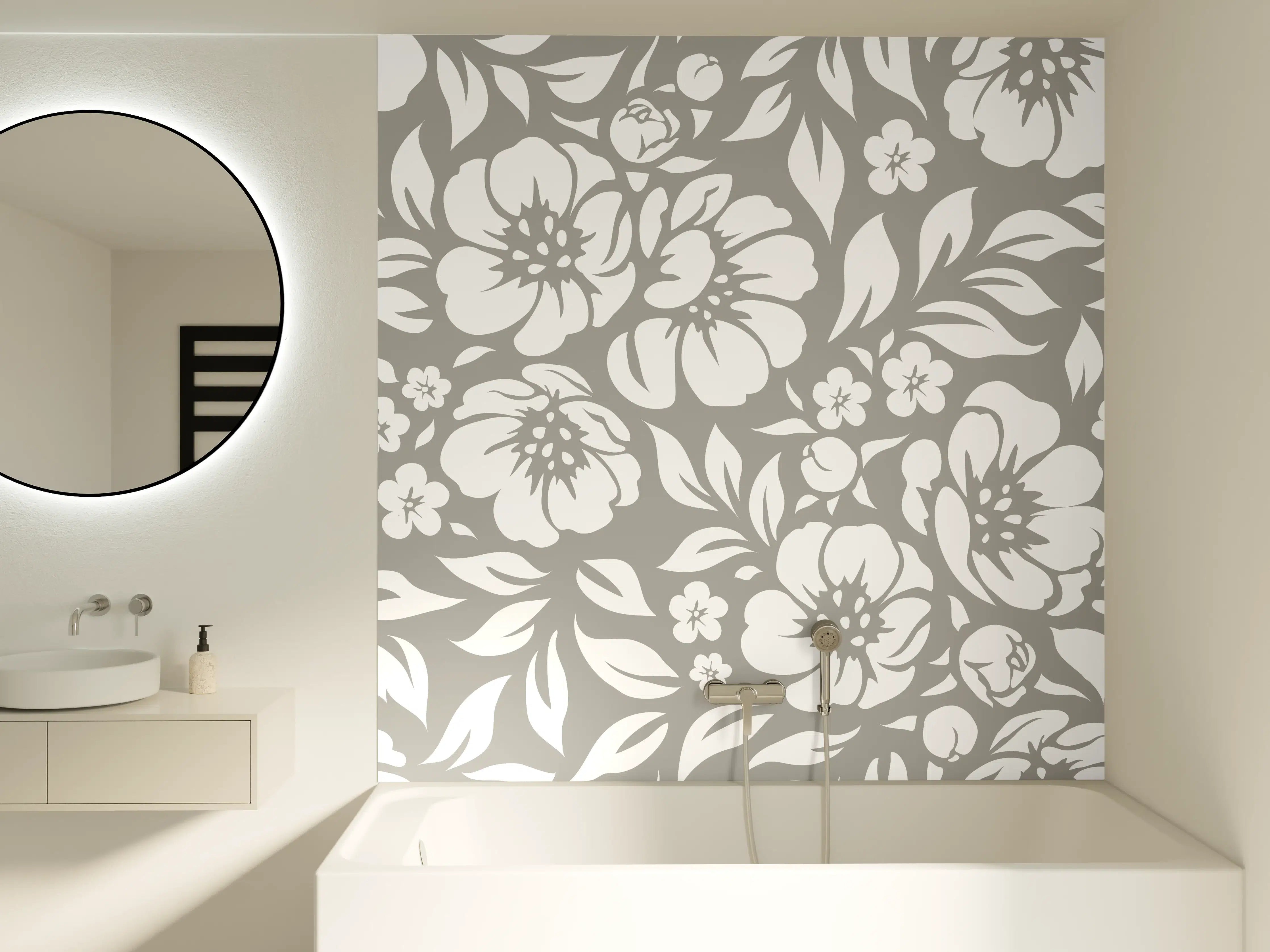 Badewannen-Rückwand - Weiße Blumenmuster auf grauem Hintergrund