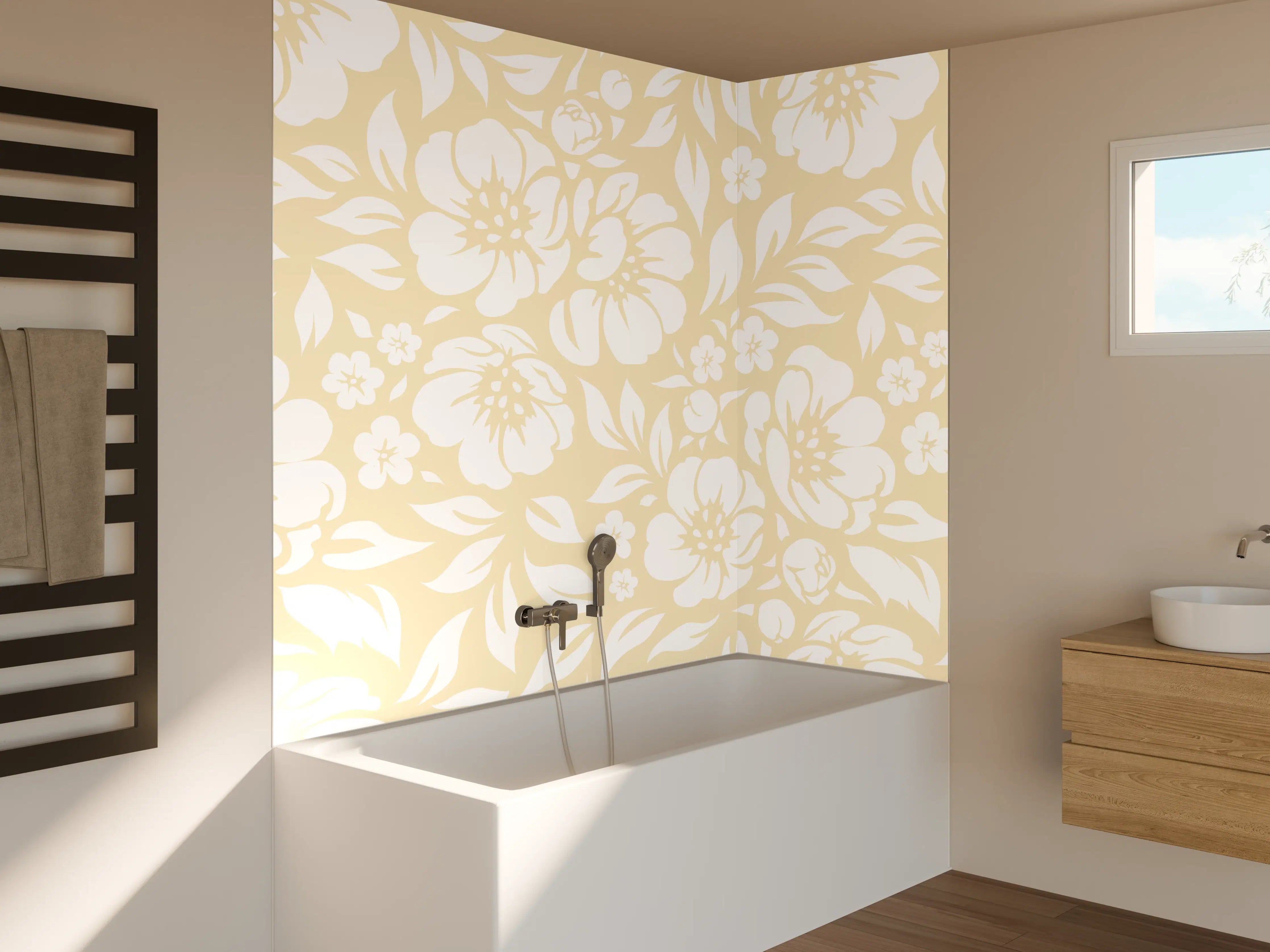 Badewannen-Rückwand - Weiße Blumenmuster mit zartem Beige-Hintergrund