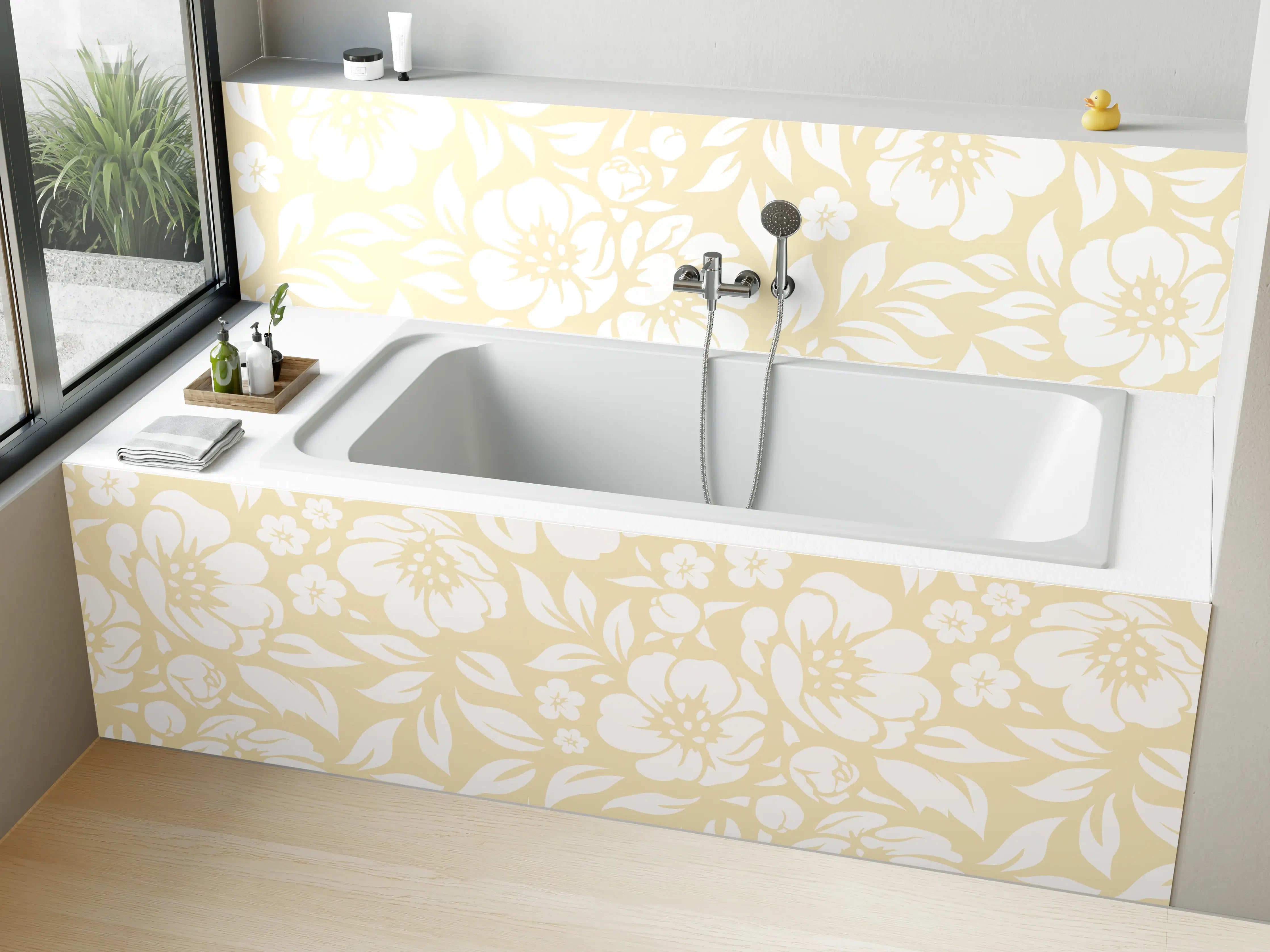Badewannen-Rückwand - Weiße Blumenmuster mit zartem Beige-Hintergrund