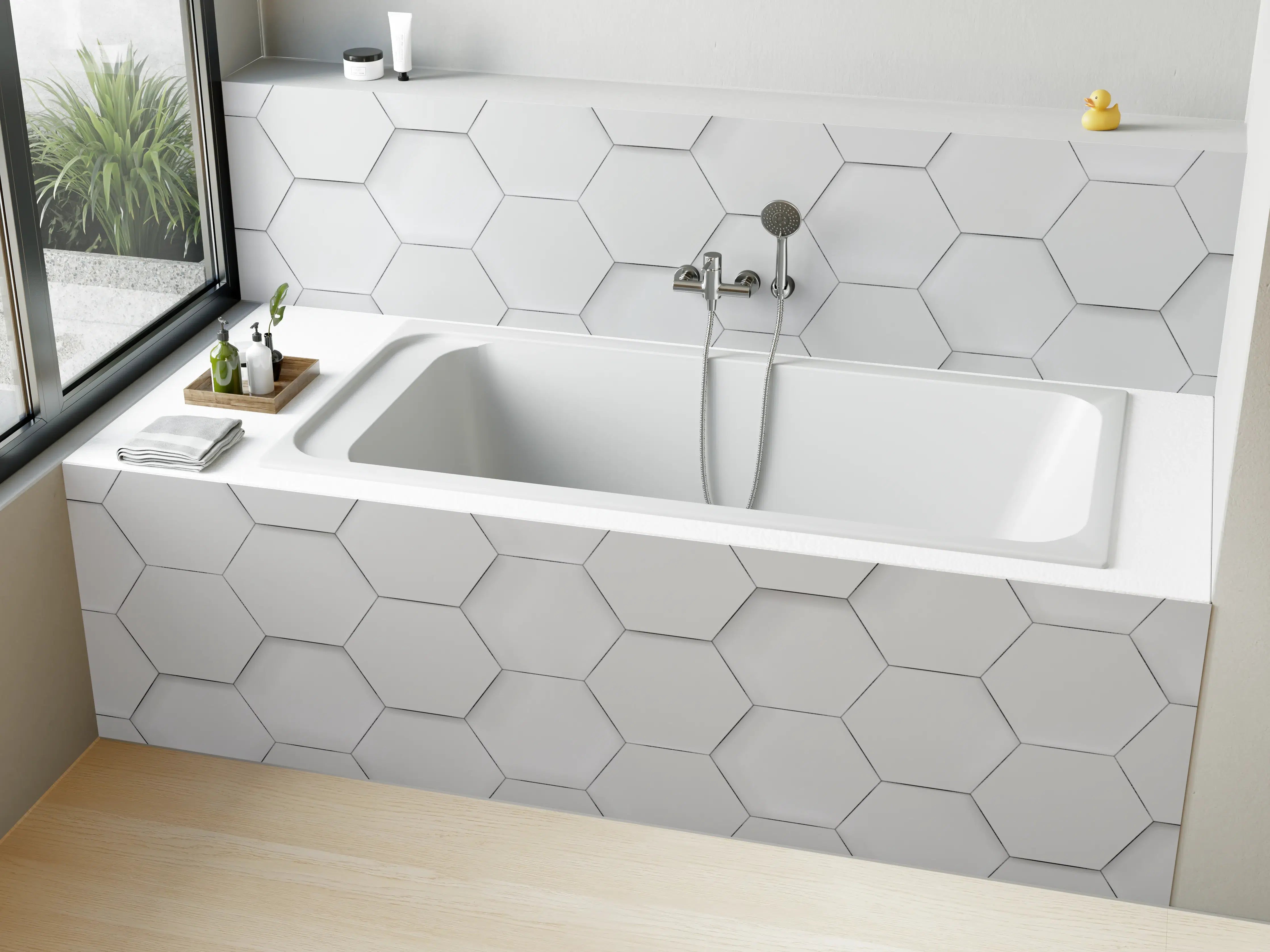 Badewannen-Rückwand - Weiße Fliesenwand mit geometrischem Muster