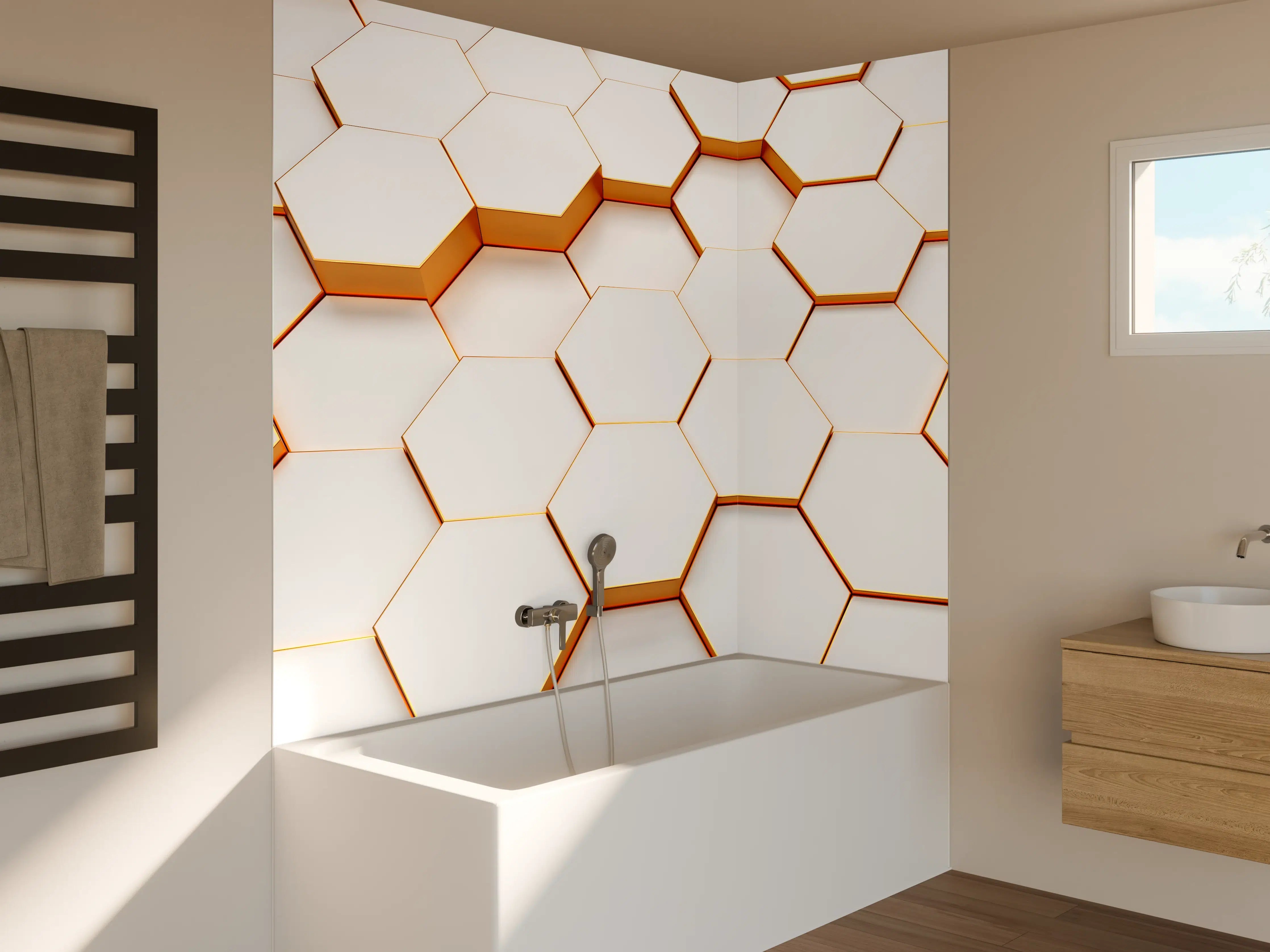 Badewannen-Rückwand - Weiße Hexagon-Wand mit Goldrand