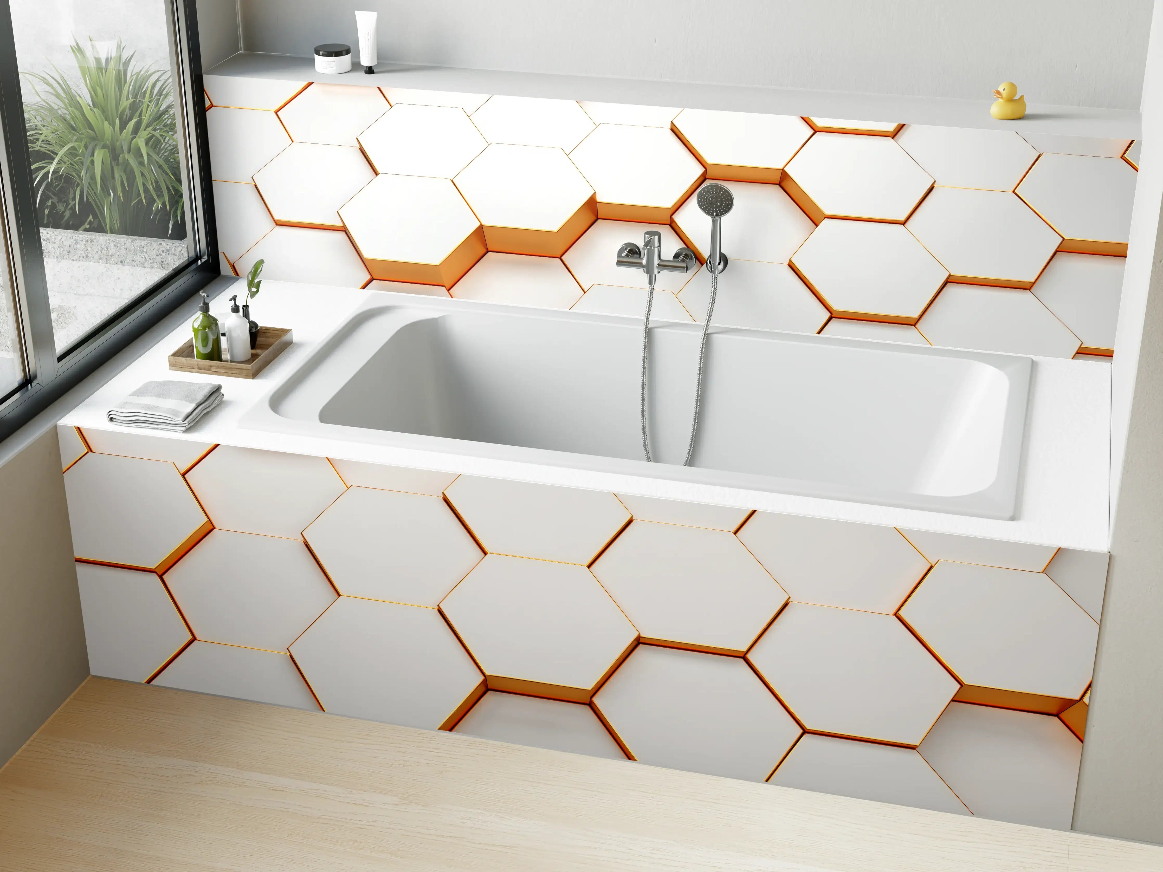 Badewannen-Rückwand - Weiße Hexagon-Wand mit Goldrand
