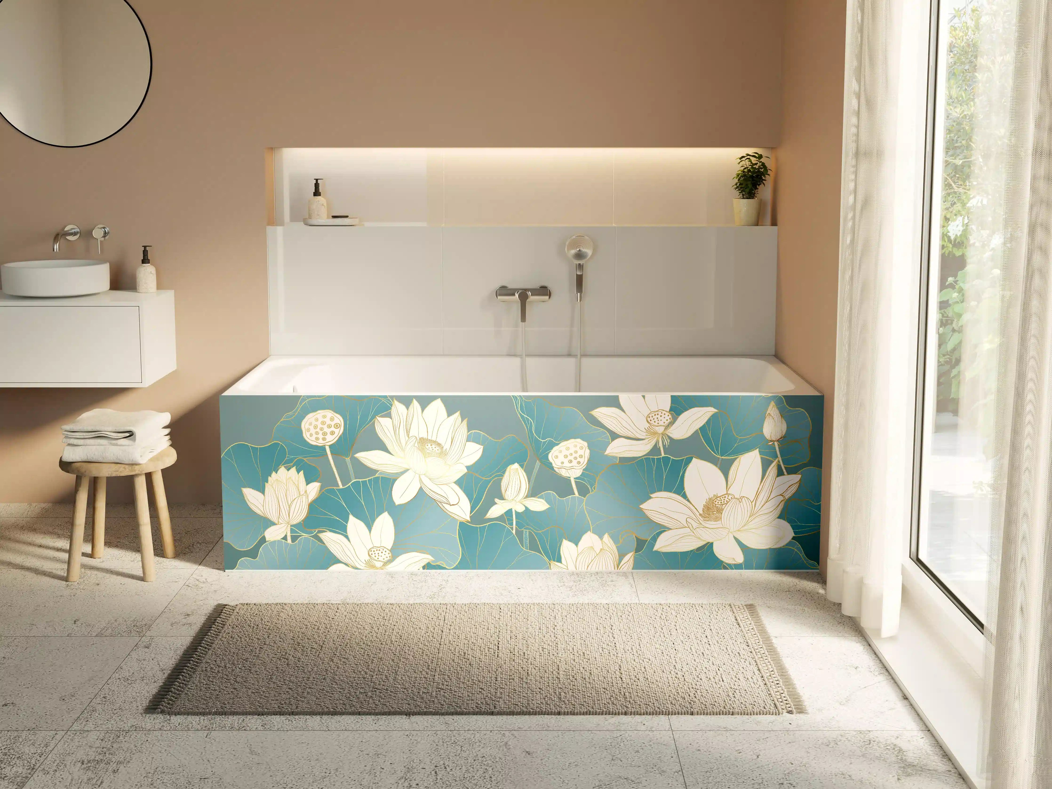Badewannen-Rückwand - Weiße Lotusblumen auf blauen Wasserlilien-Blättern