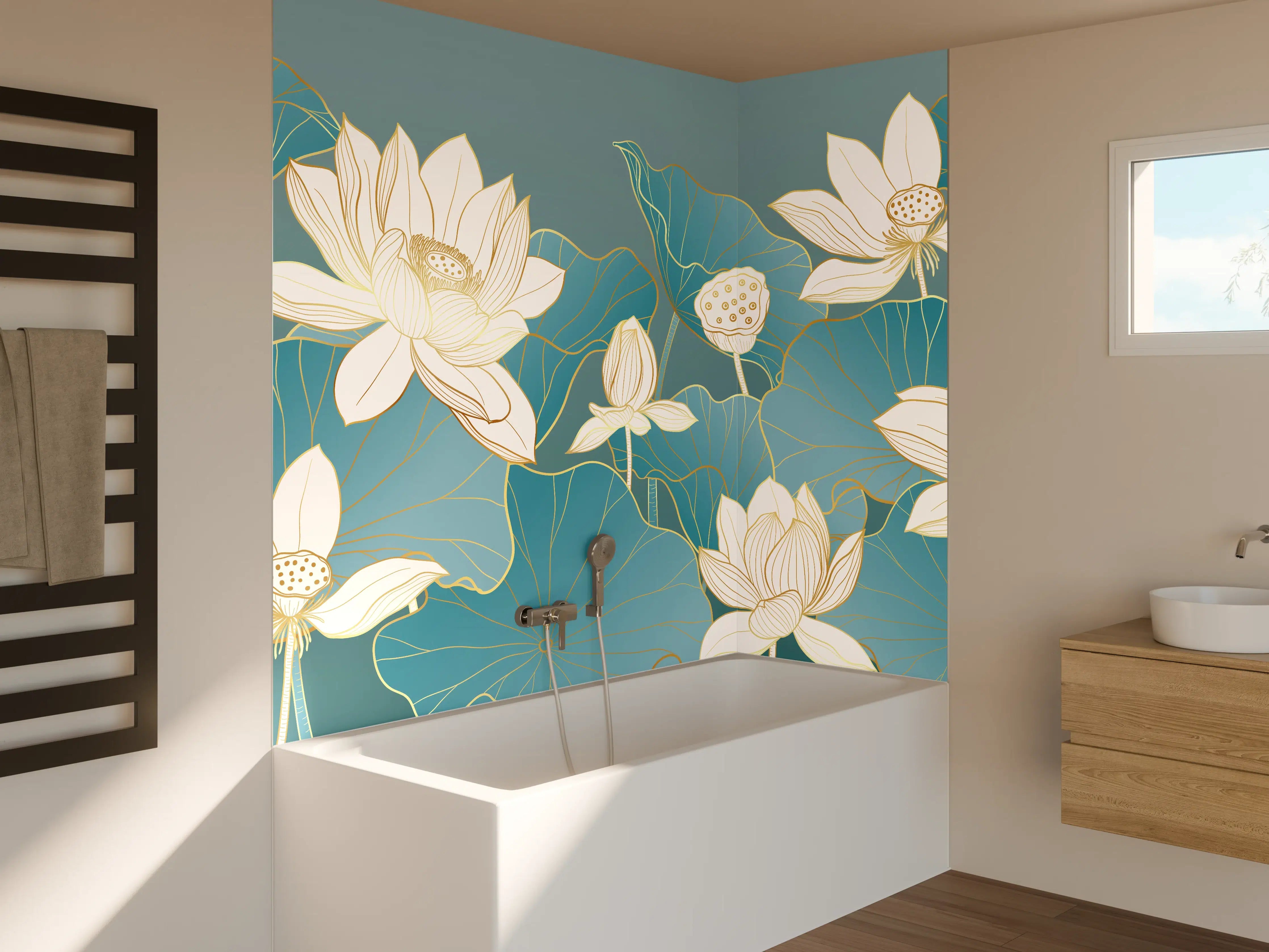Badewannen-Rückwand - Weiße Lotusblumen auf blauen Wasserlilien-Blättern