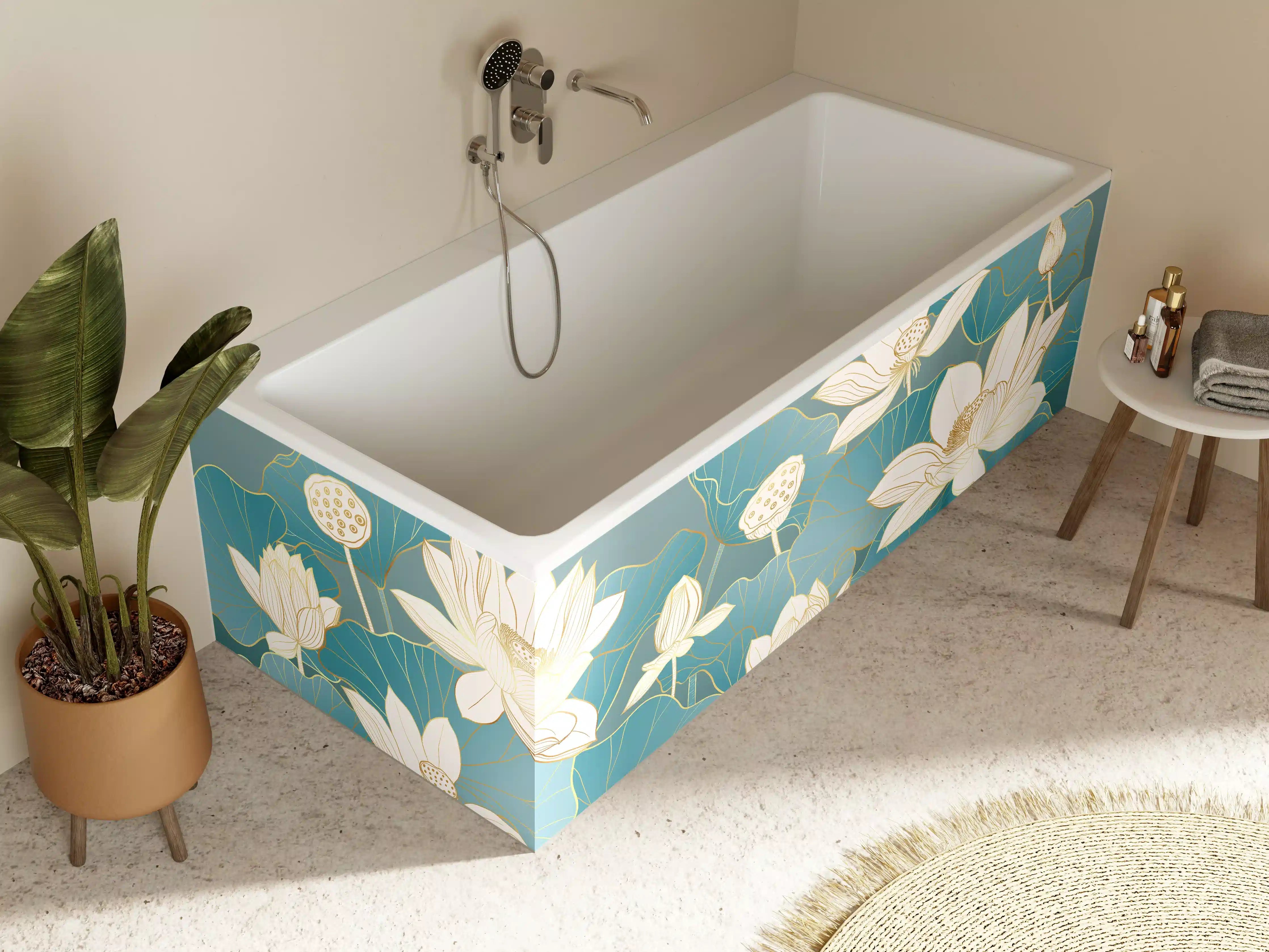 Badewannen-Rückwand - Weiße Lotusblumen auf blauen Wasserlilien-Blättern