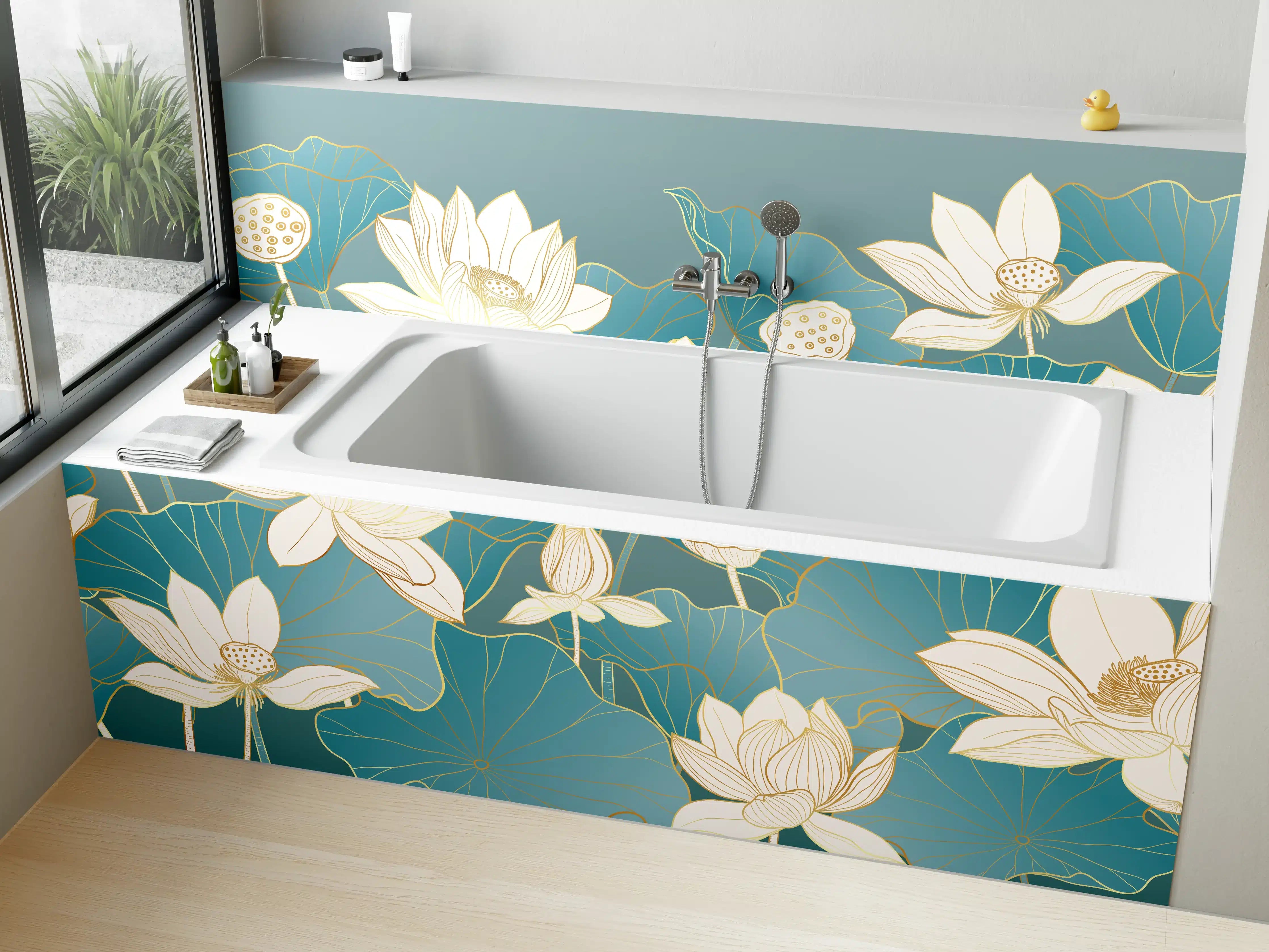 Badewannen-Rückwand - Weiße Lotusblumen auf blauen Wasserlilien-Blättern