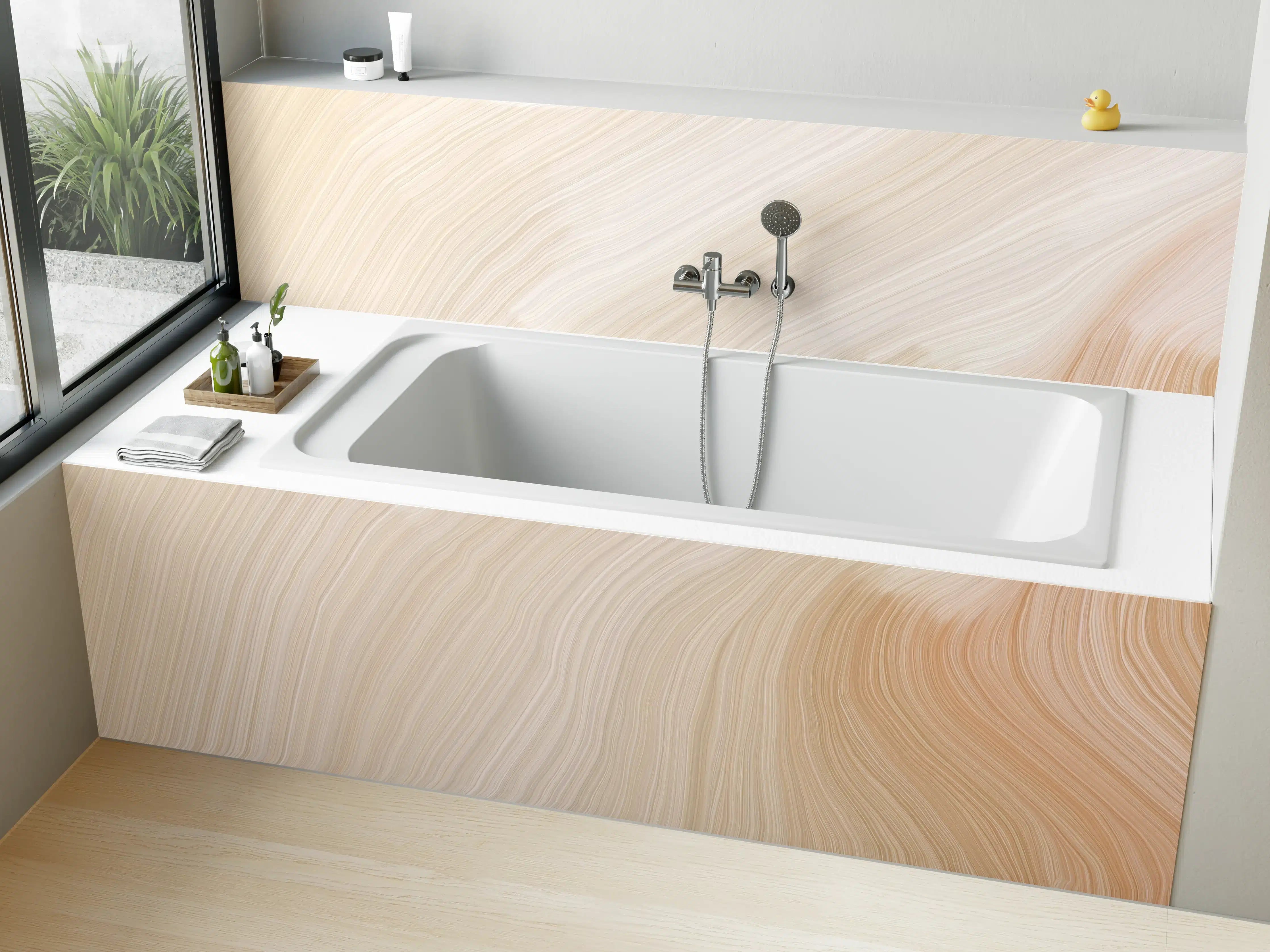 Badewannen-Rückwand - Weiße Marmer-Textur mit zarten Beige- und Rosétönen