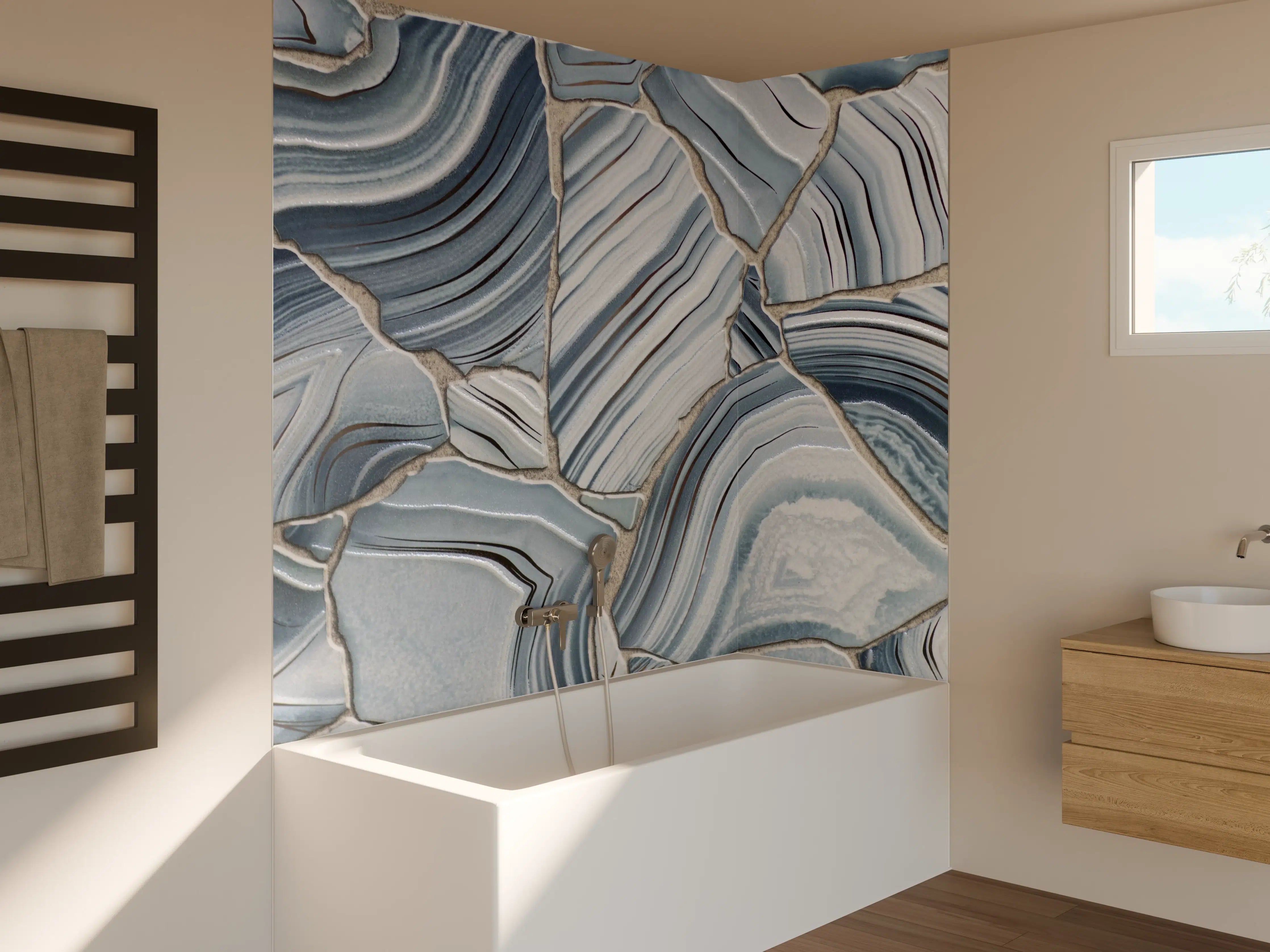 Badewannen-Rückwand - Weiße Marmorstruktur mit Grau-Tönen