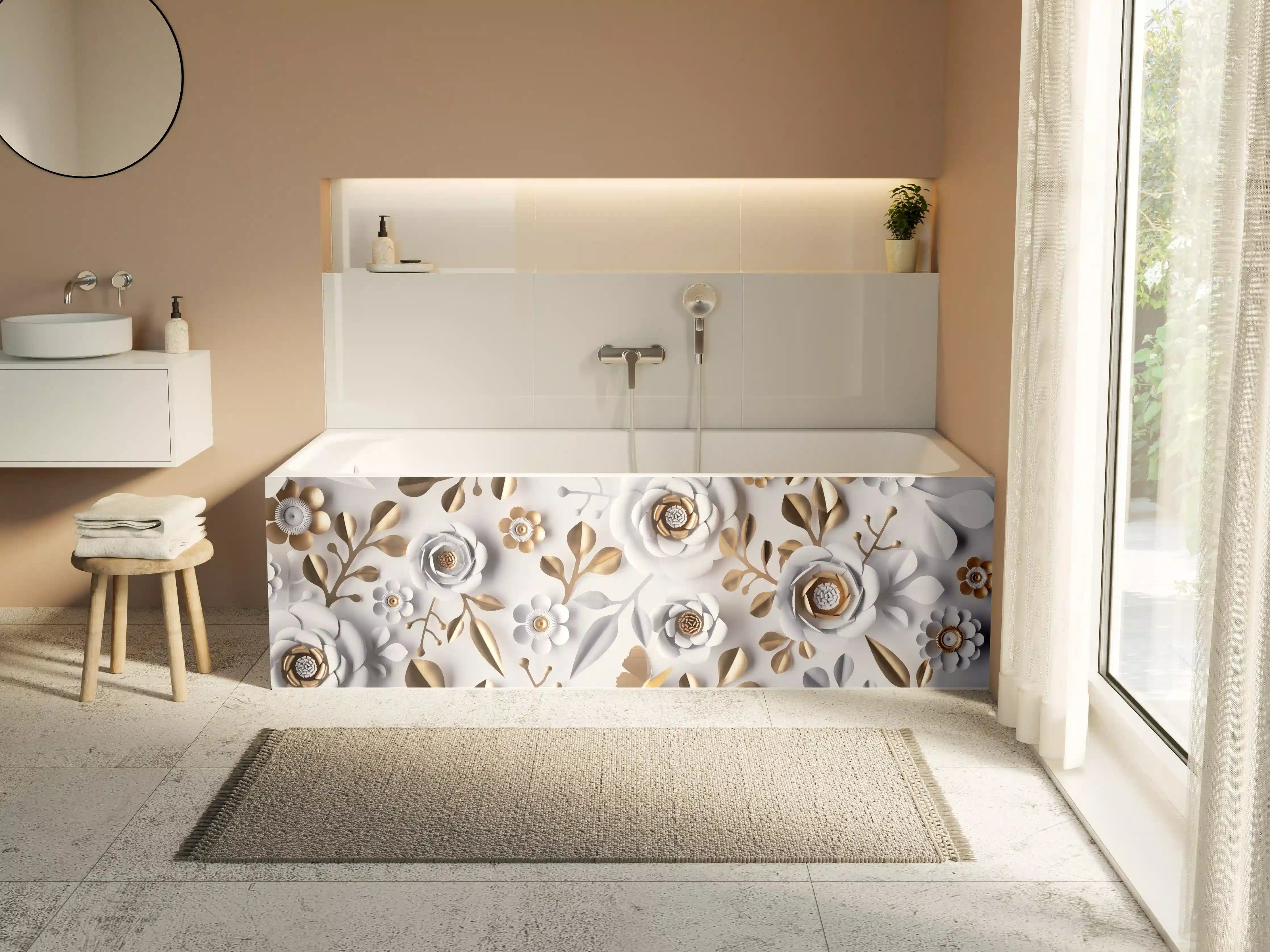 Badewannen-Rückwand - Weiße Papierblumen Goldakzente