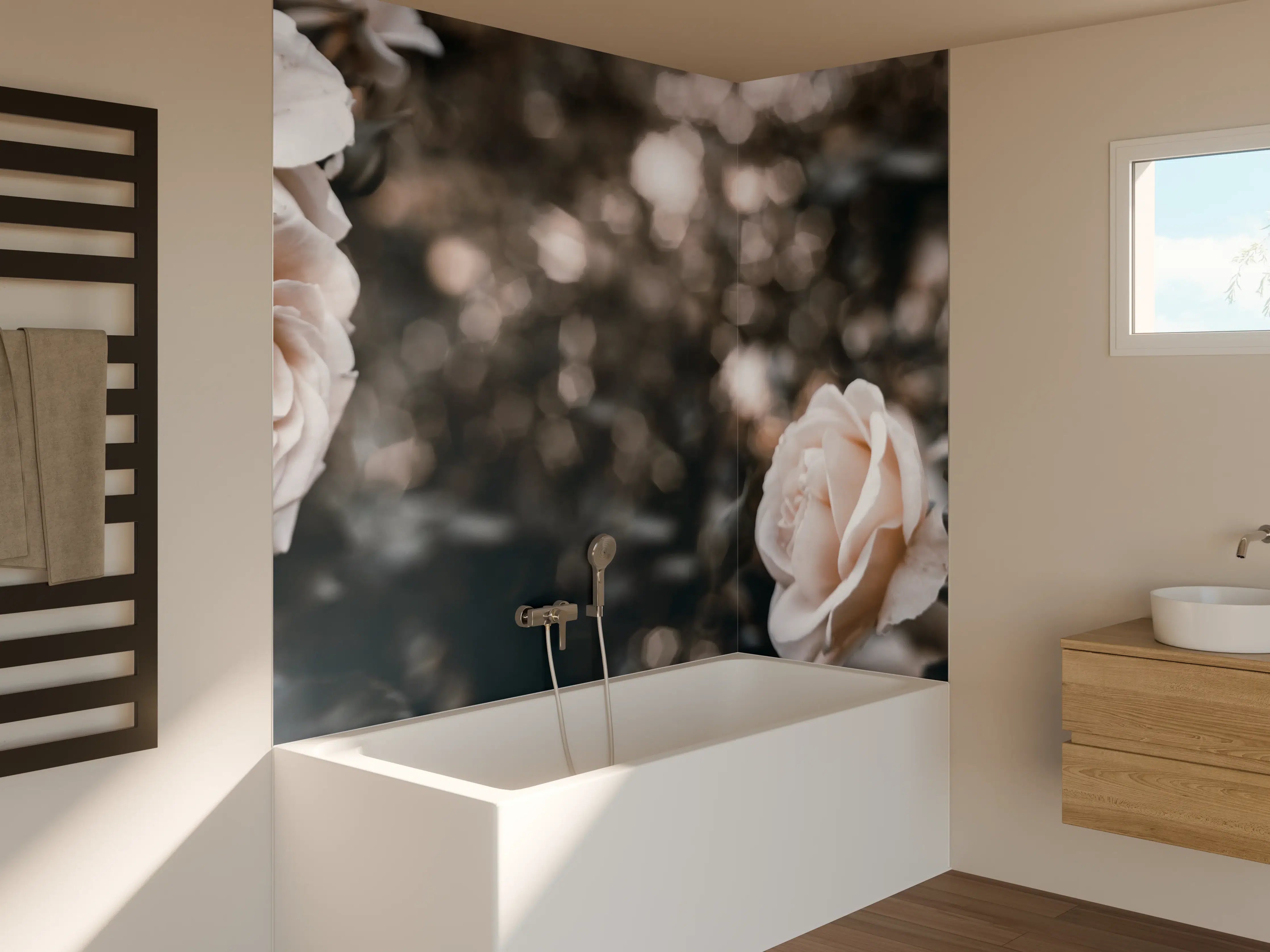 Badewannen-Rückwand - Weisse Pastell- Rosen - Fine Art