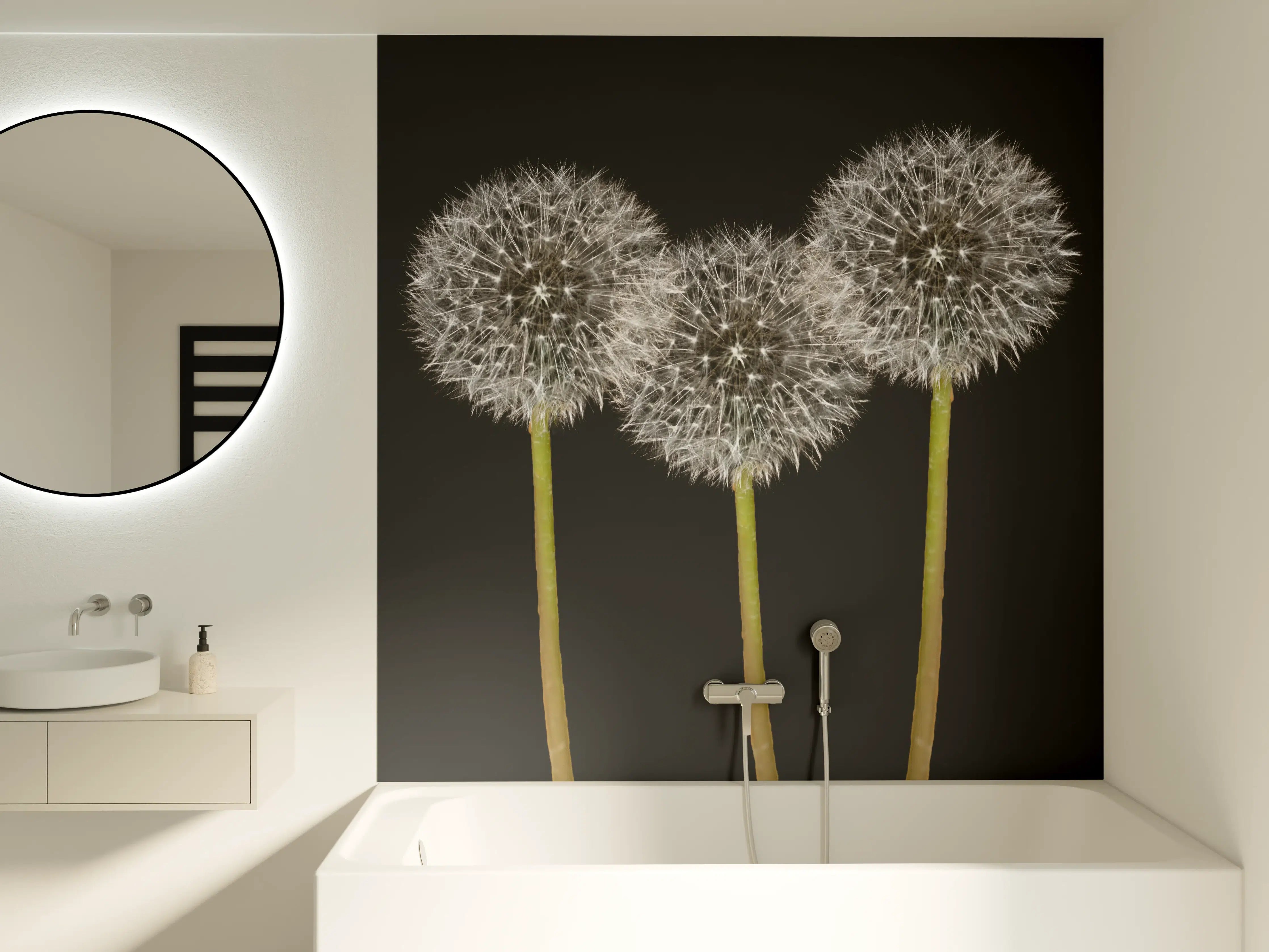 Badewannen-Rückwand - Weiße Pusteblumen auf Schwarz