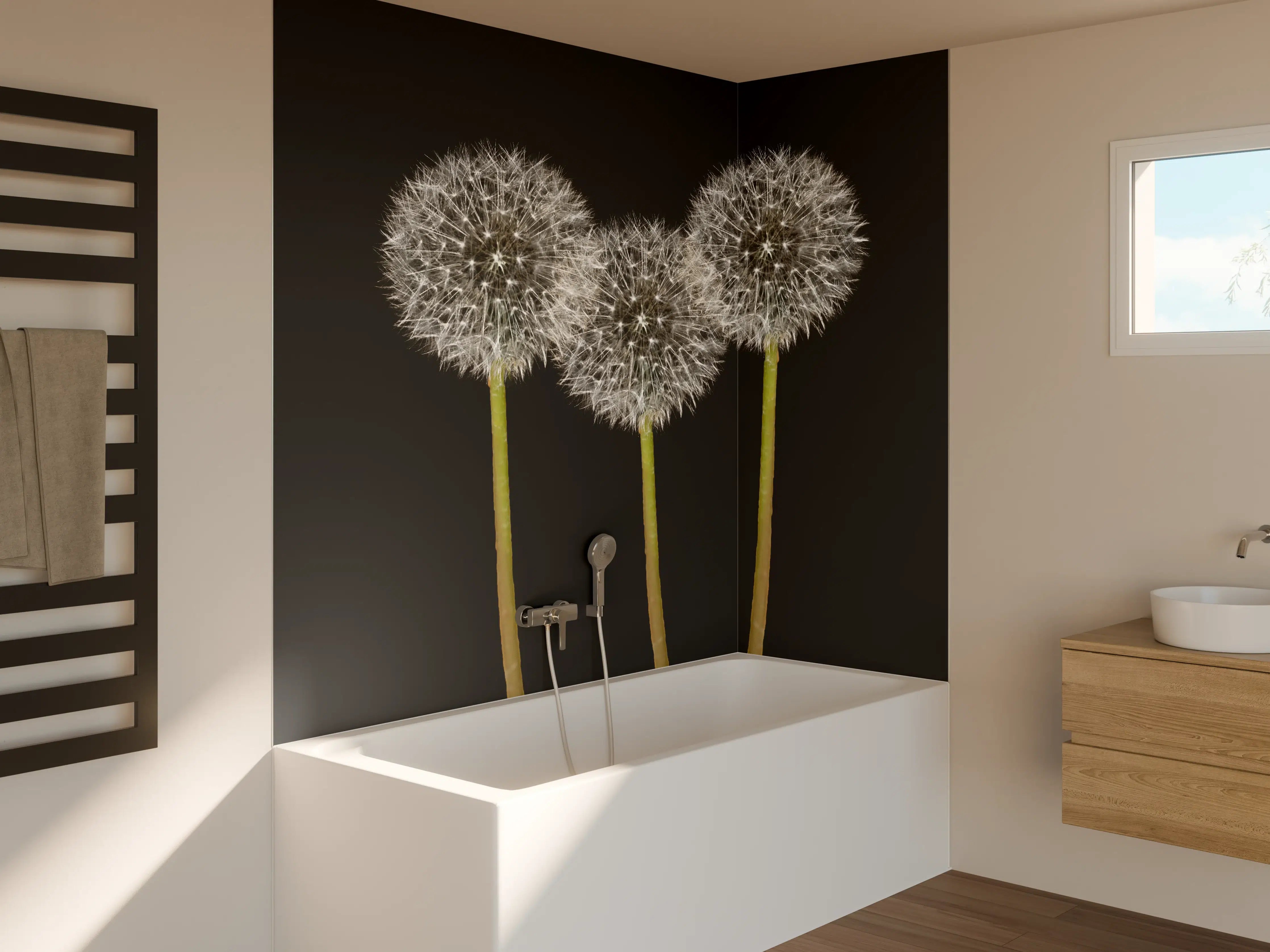 Badewannen-Rückwand - Weiße Pusteblumen auf Schwarz
