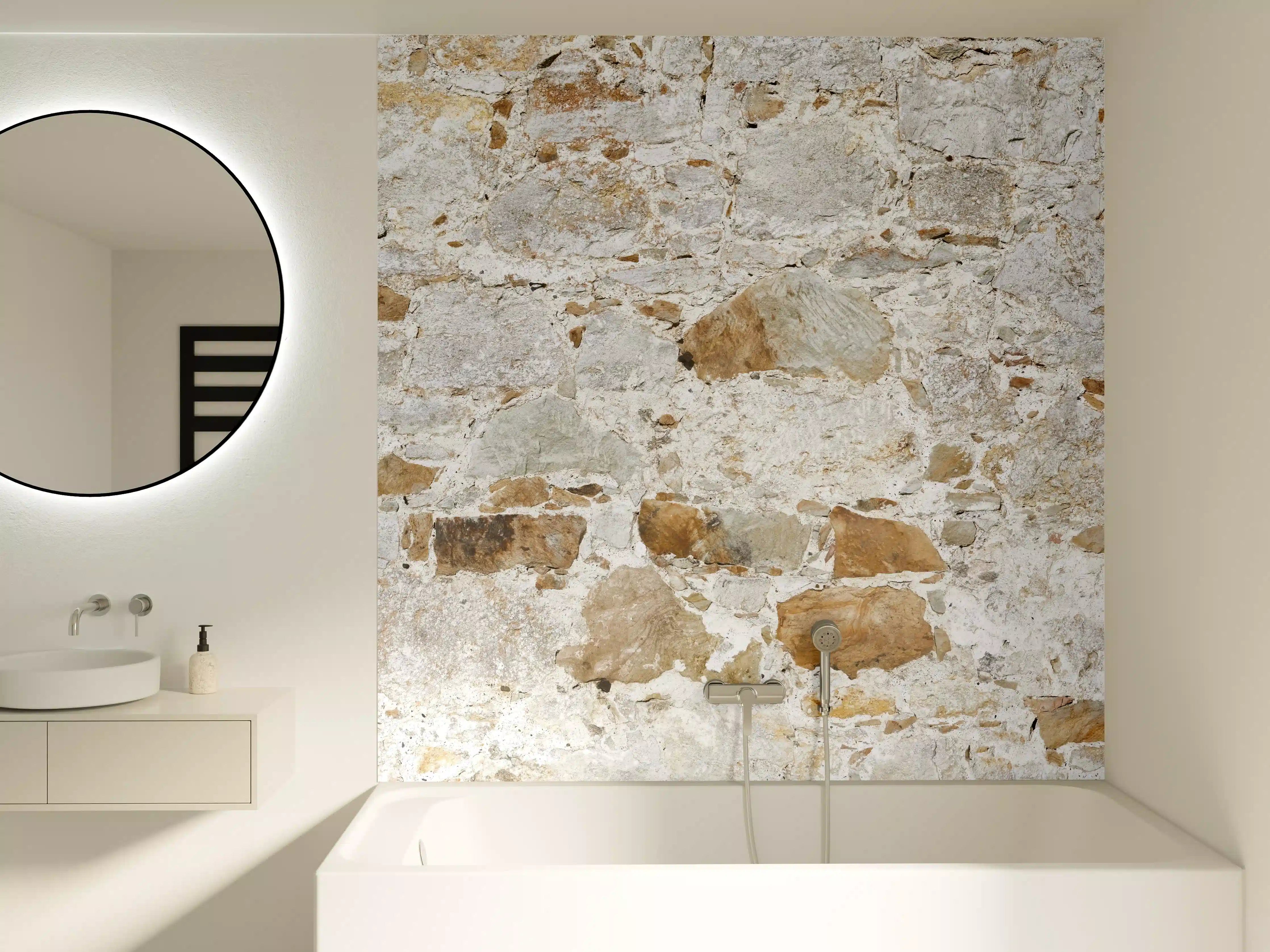 Badewannen-Rückwand - Weiße Steinmauer mit grauer Textur
