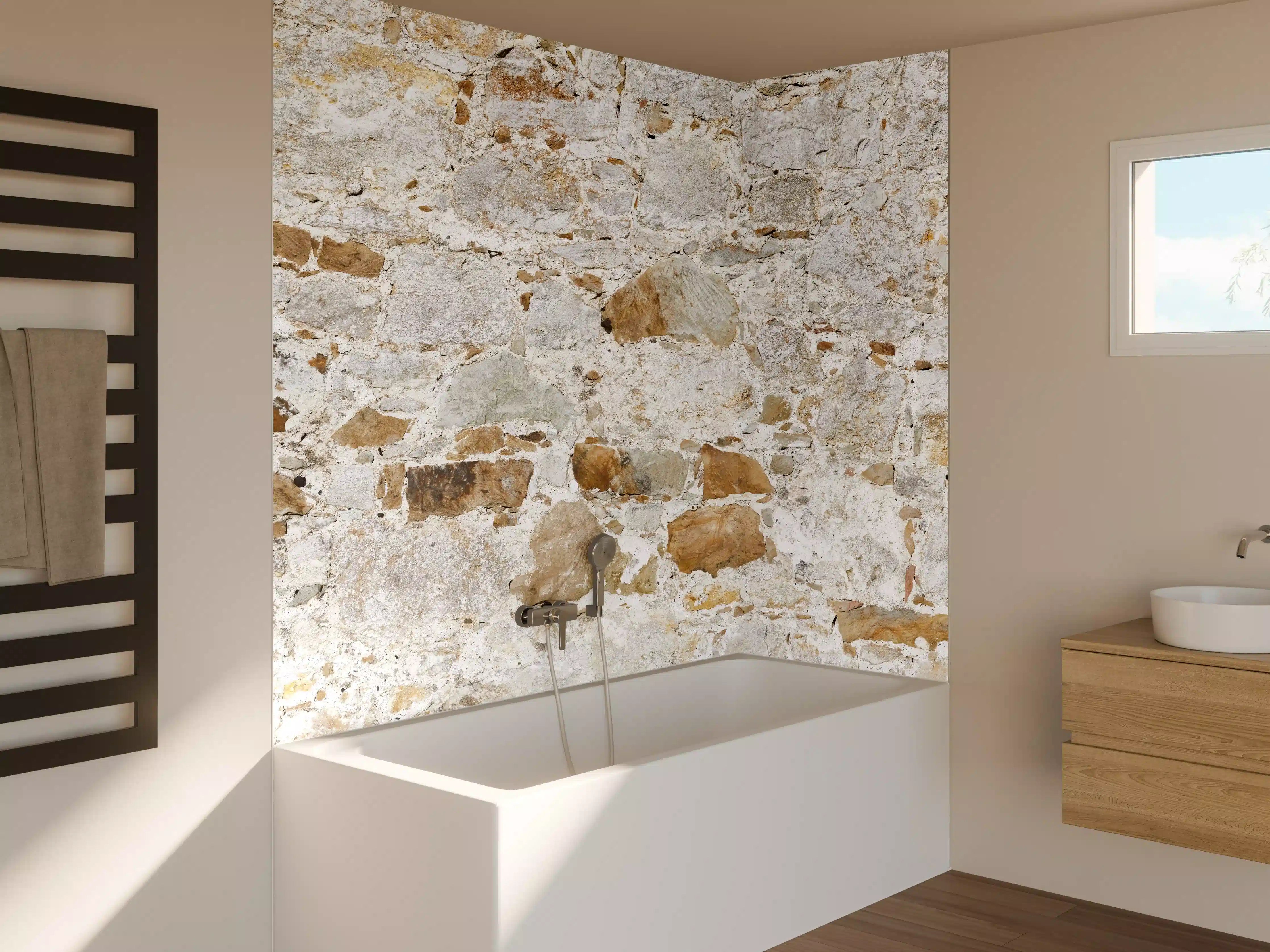 Badewannen-Rückwand - Weiße Steinmauer mit grauer Textur