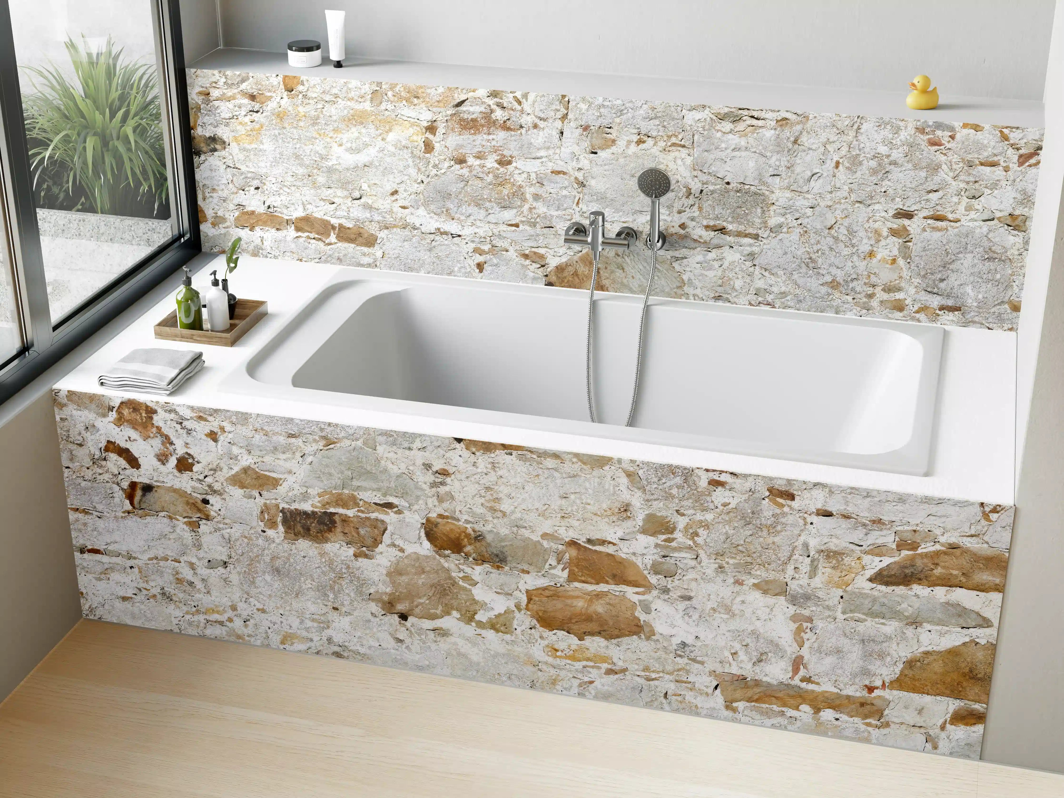 Badewannen-Rückwand - Weiße Steinmauer mit grauer Textur