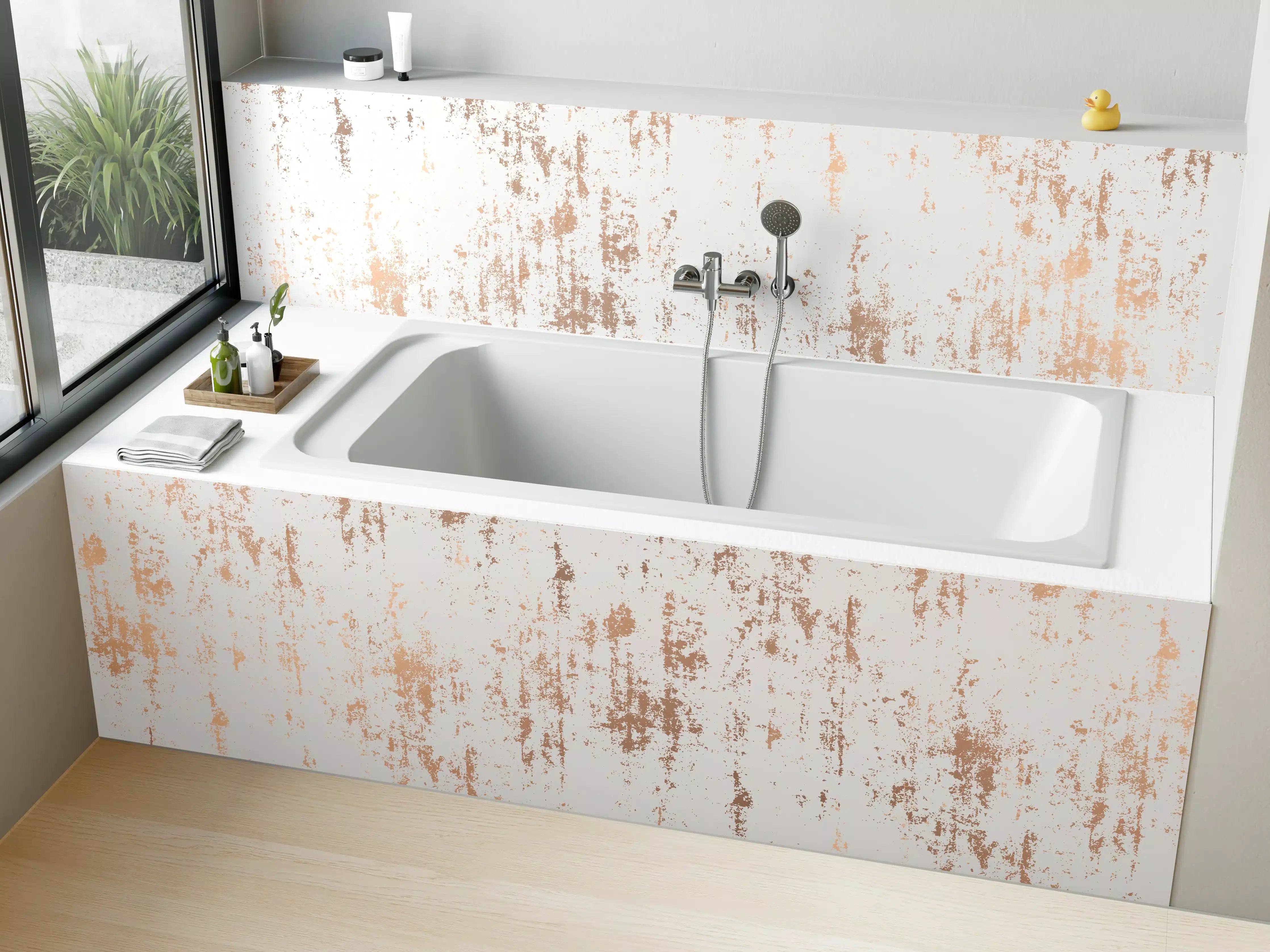 Badewannen-Rückwand - Weiße Textur mit goldenen Akzenten