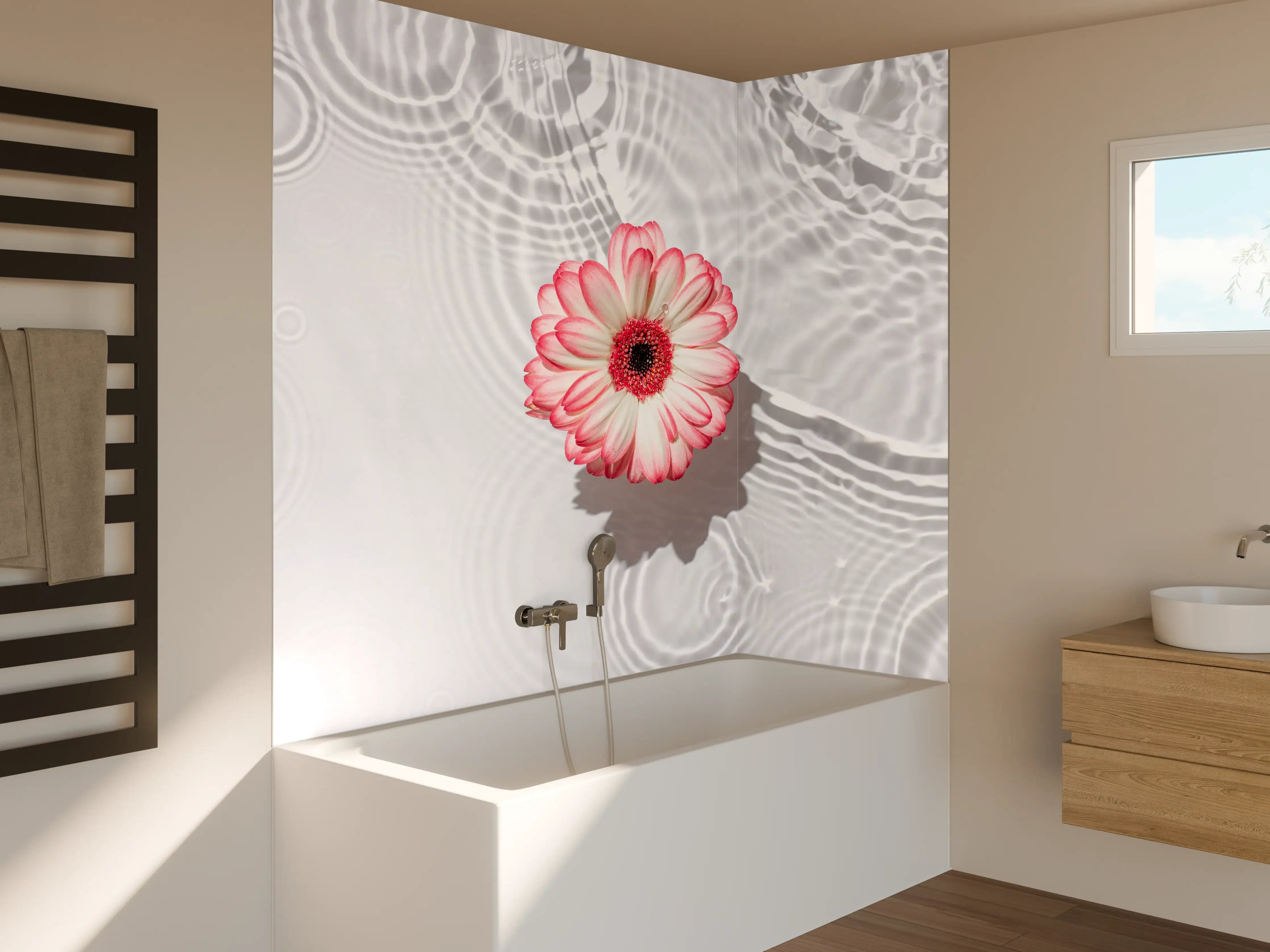 Badewannen-Rückwand - Weiße Wasserblume in Rosa