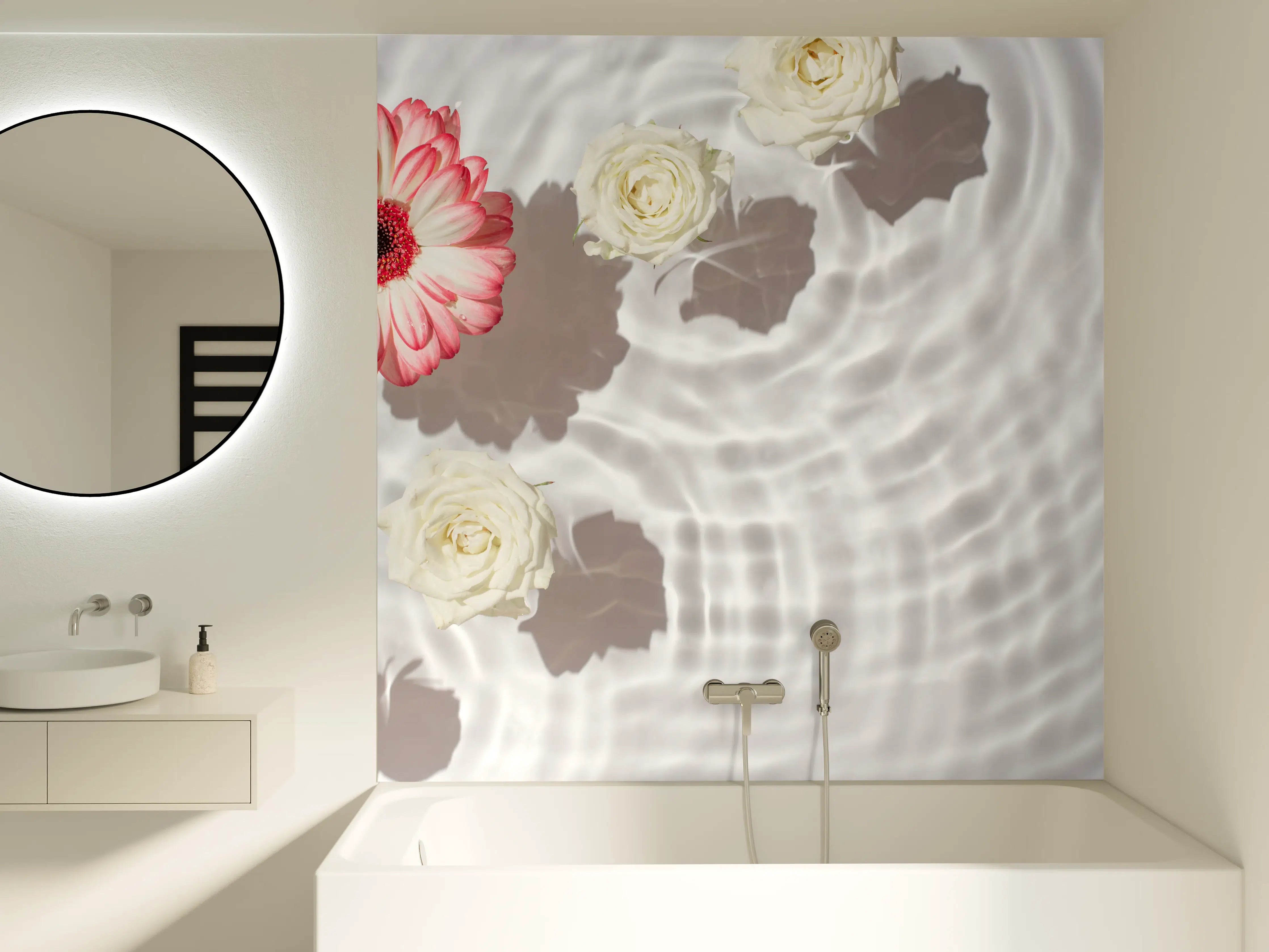Badewannen-Rückwand - Weiße Wasserblumen mit Rosa-Akzent