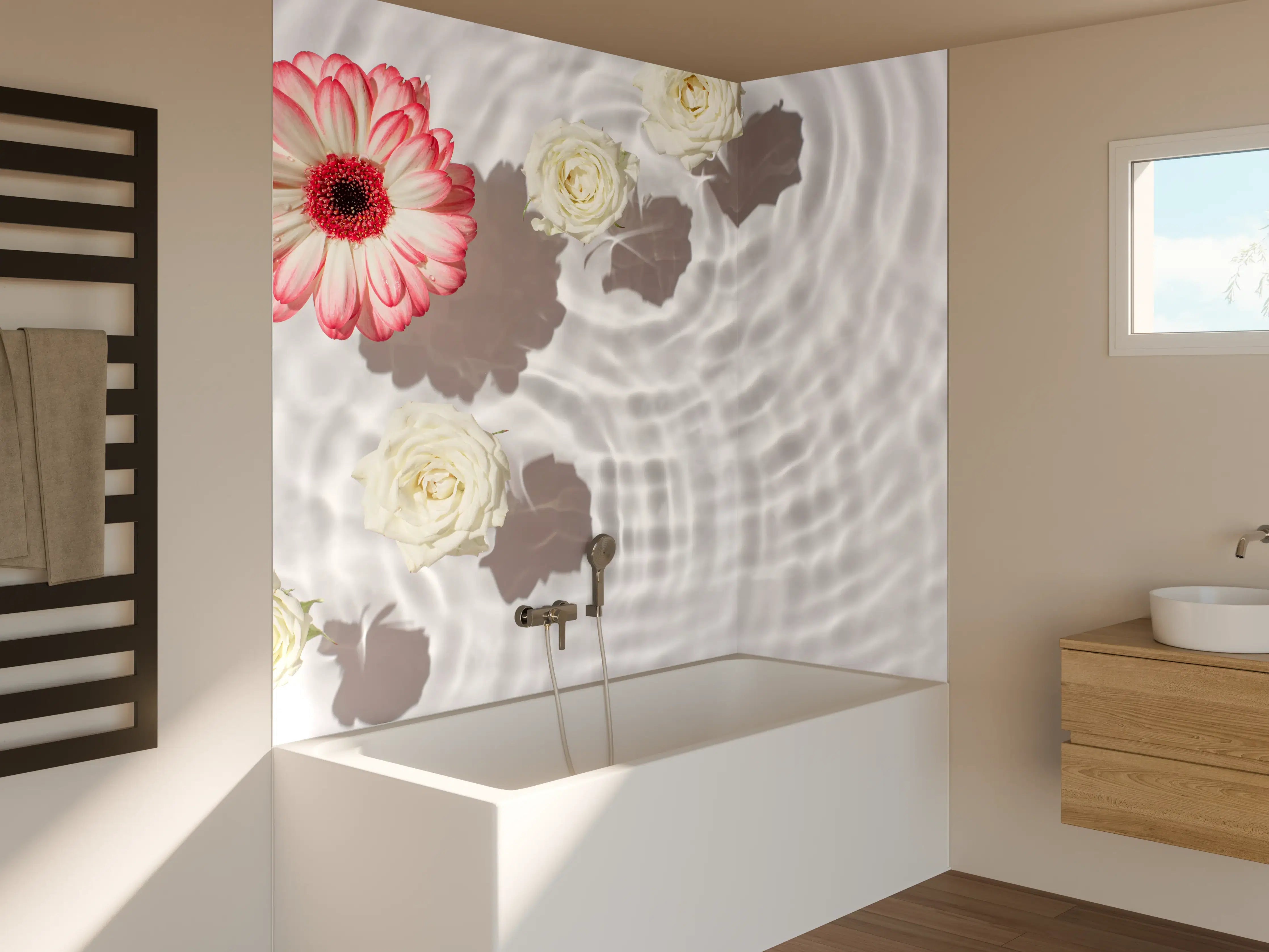 Badewannen-Rückwand - Weiße Wasserblumen mit Rosa-Akzent