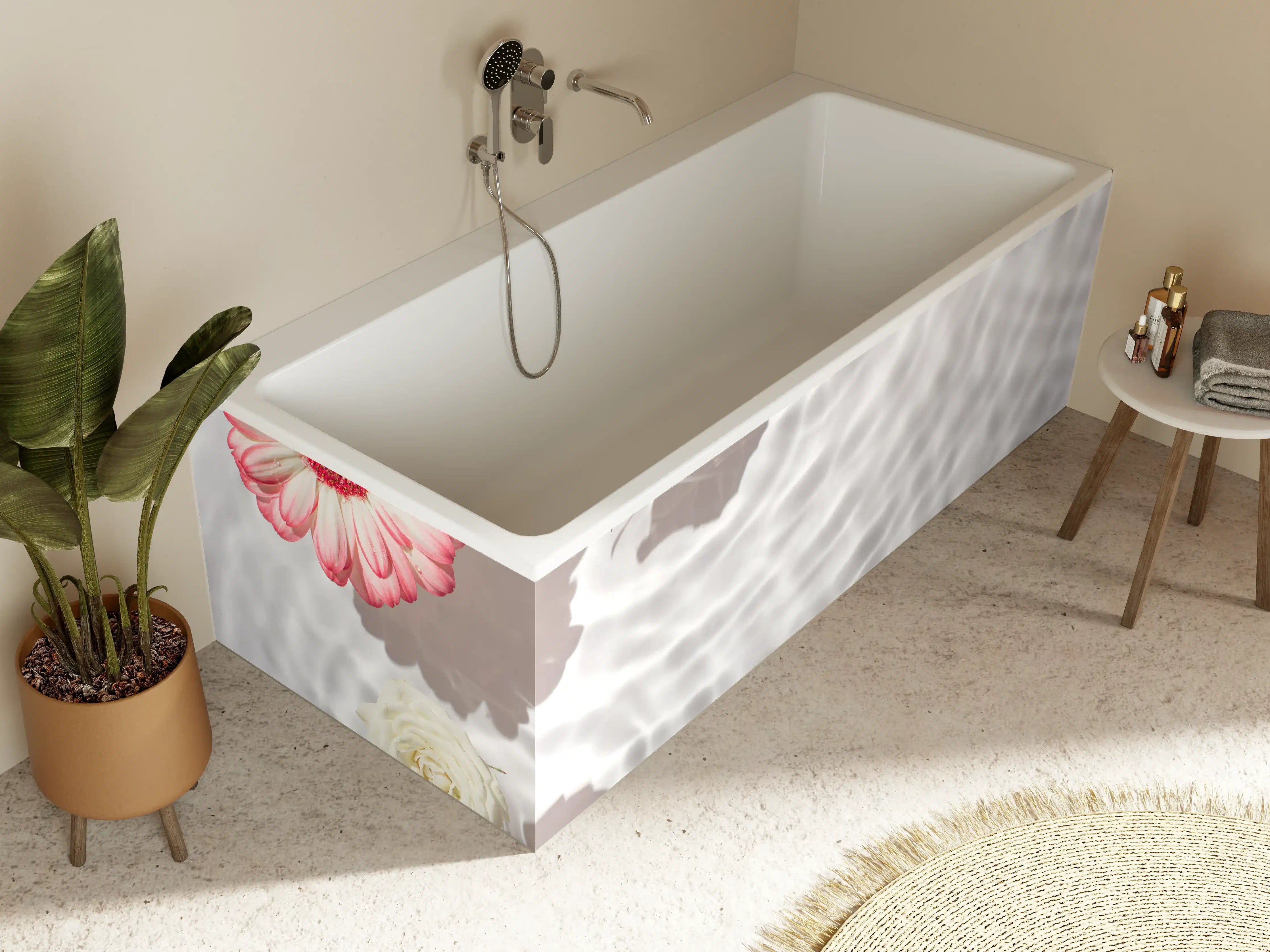 Badewannen-Rückwand - Weiße Wasserblumen mit Rosa-Akzent