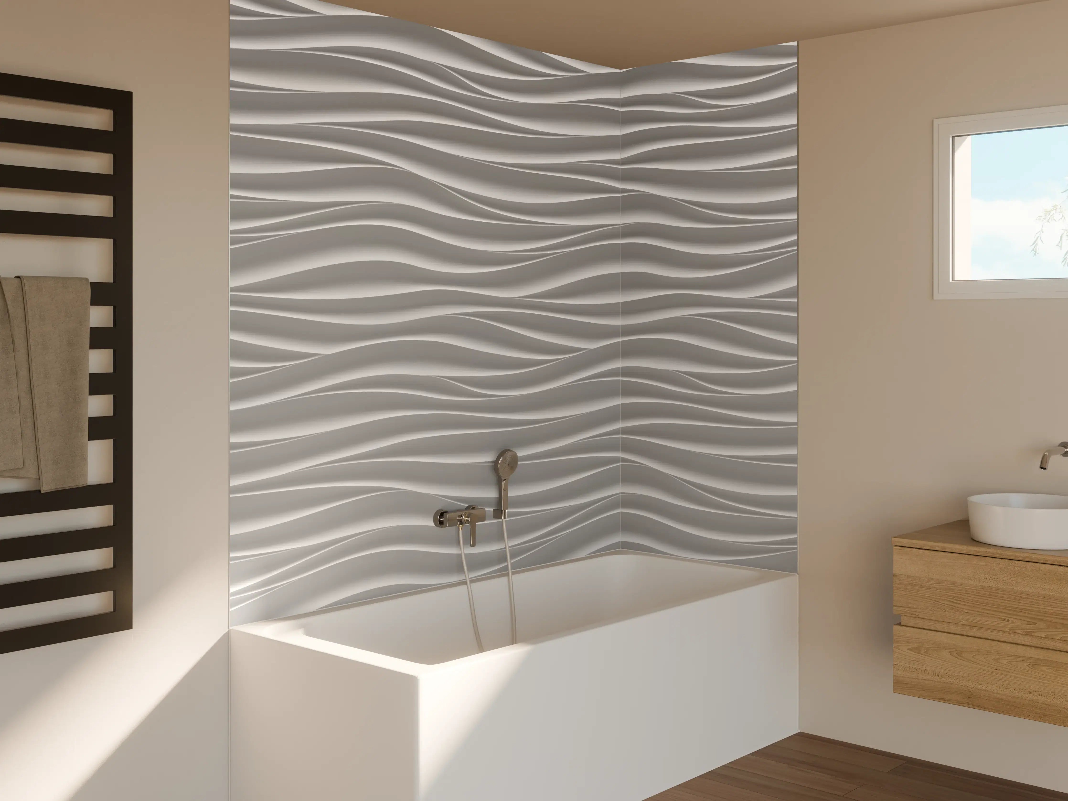 Badewannen-Rückwand - Weiße Wellenstruktur mit sanften Linien