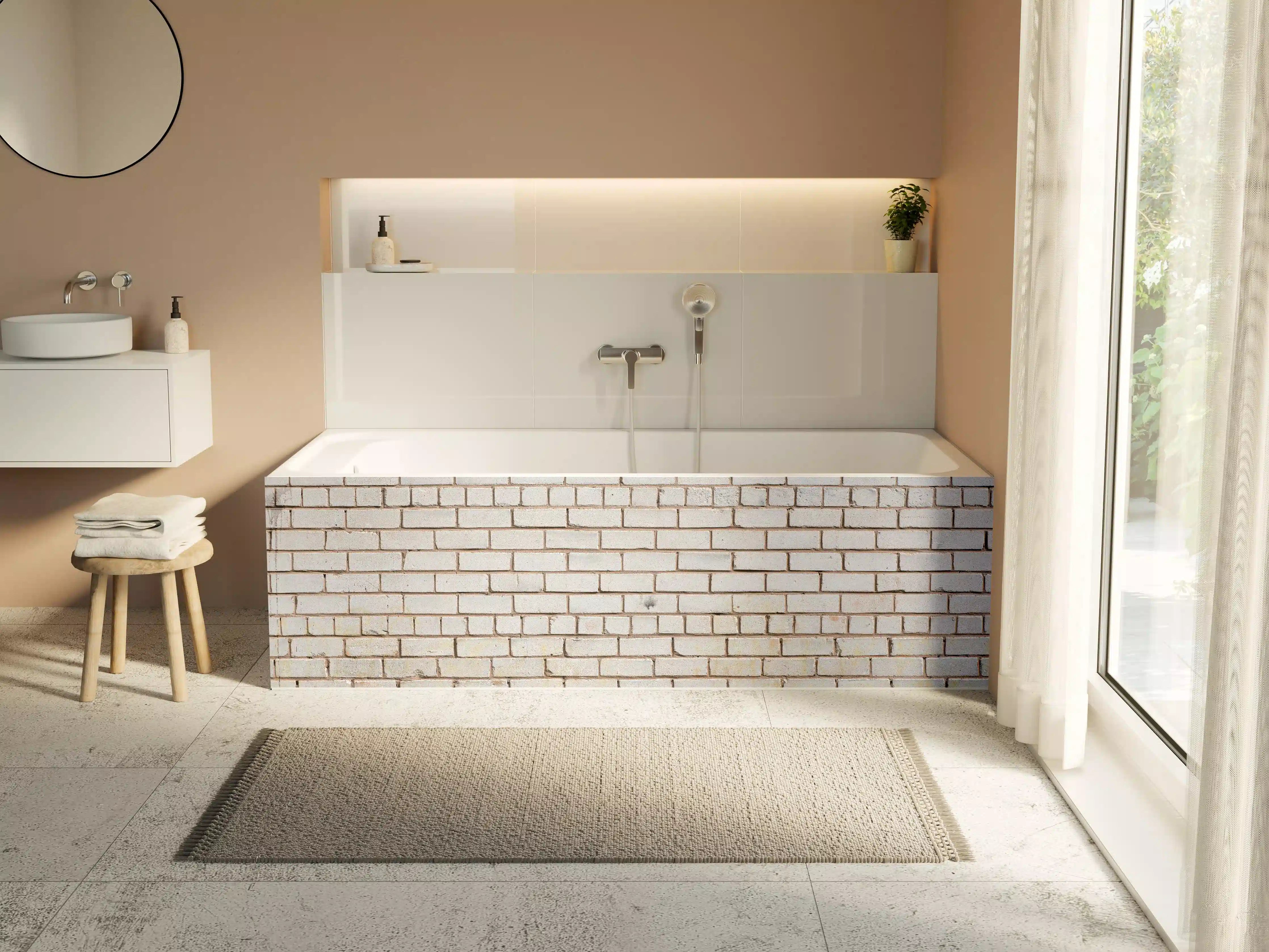 Badewannen-Rückwand - Weiße Ziegelwand mit zarten Grautönen - realistische Textur