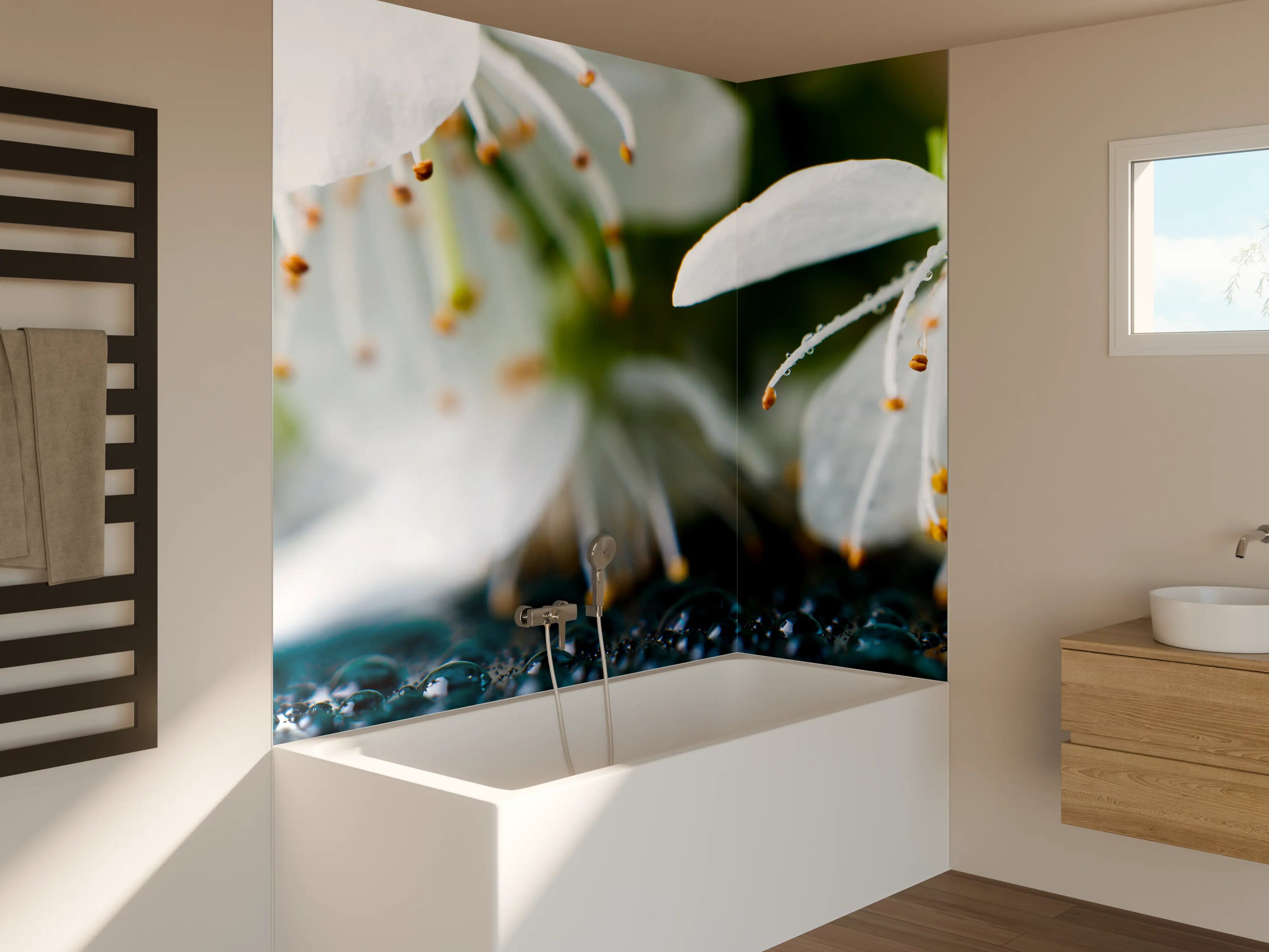 Badewannen-Rückwand - Weiße blühende Frühlingsblumen