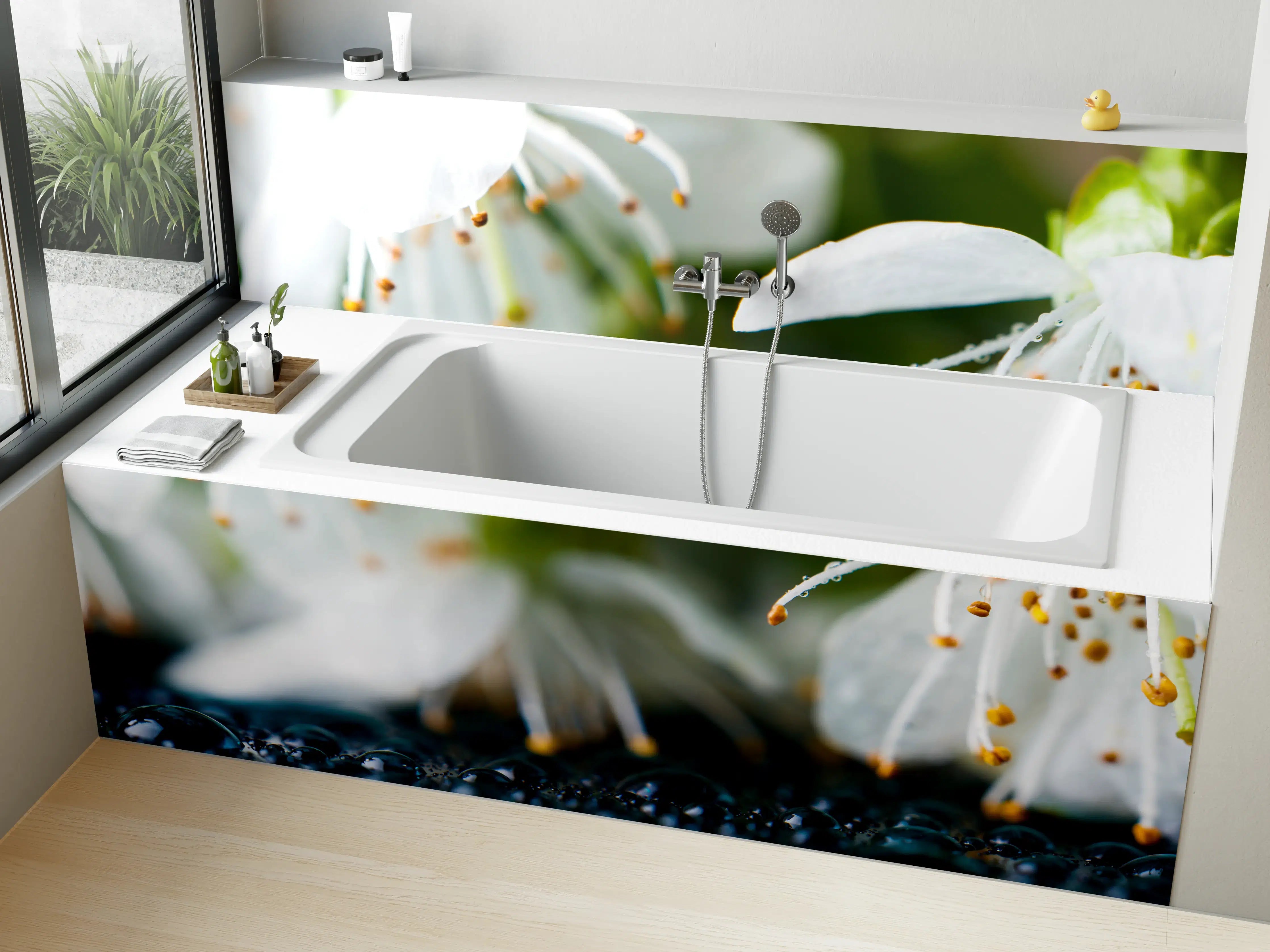 Badewannen-Rückwand - Weiße blühende Frühlingsblumen