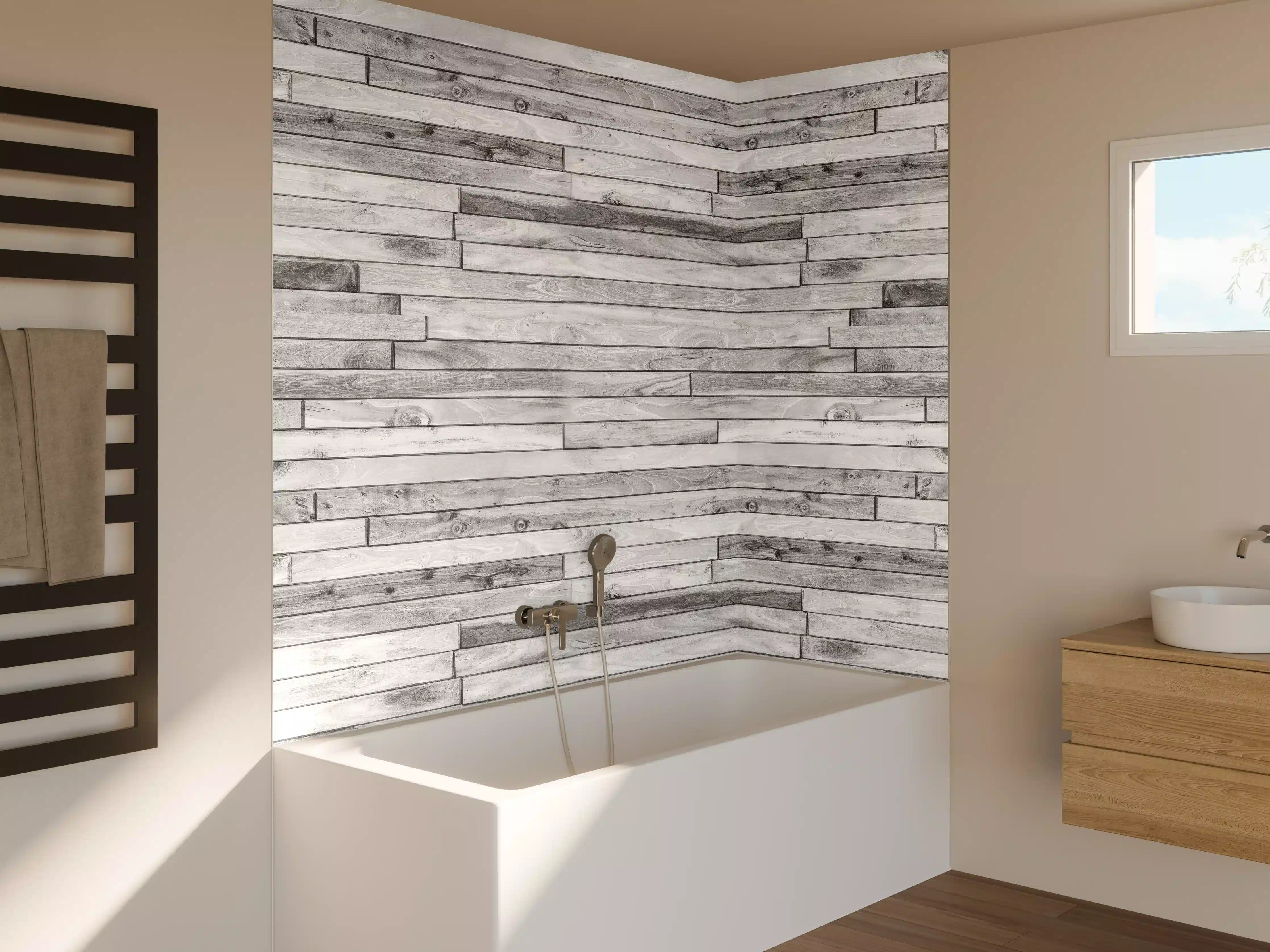 Badewannen-Rückwand - Weiße kleine Kiefernholzstücke