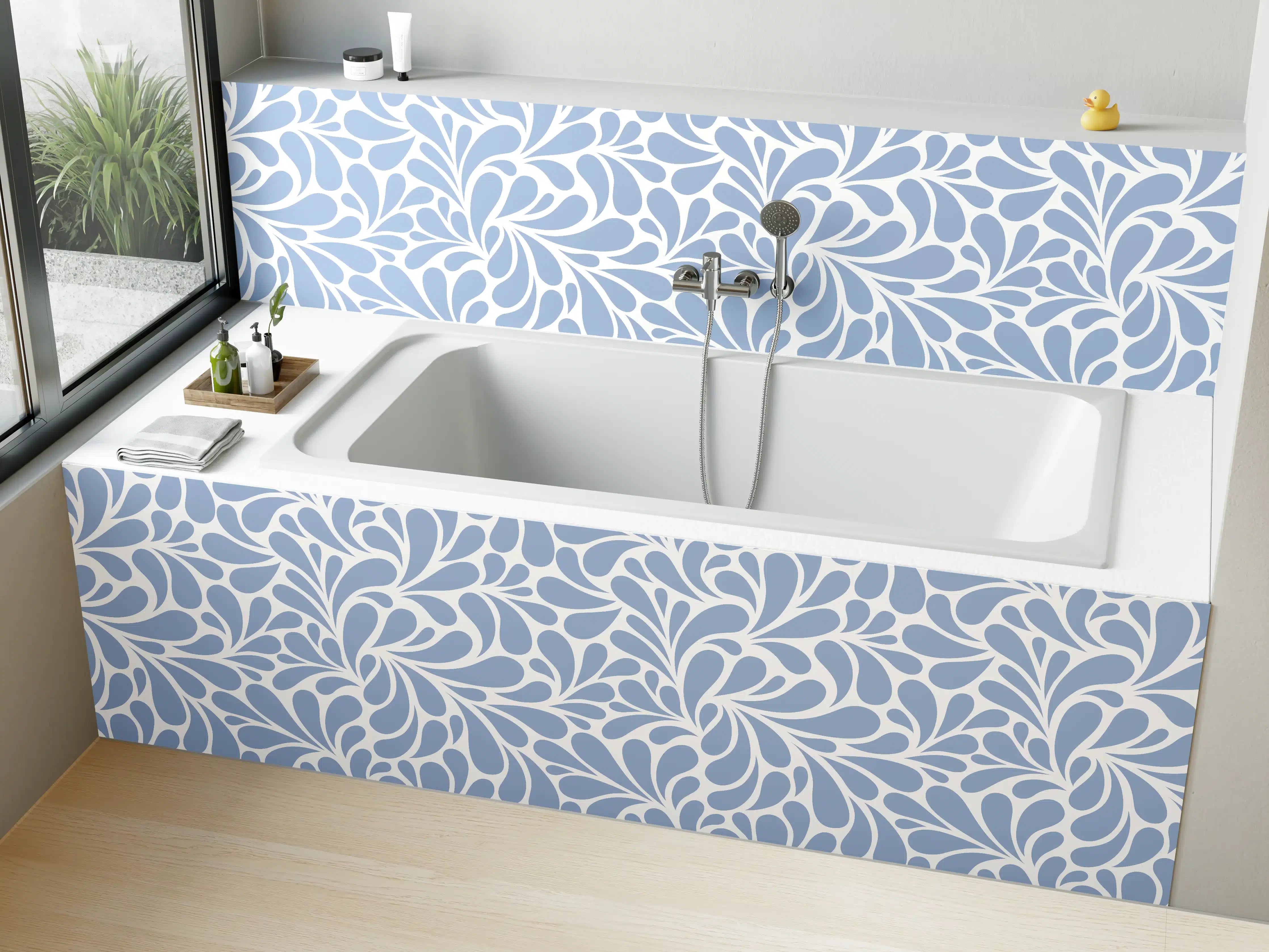 Badewannen-Rückwand - Weiße und blaue Blättermuster