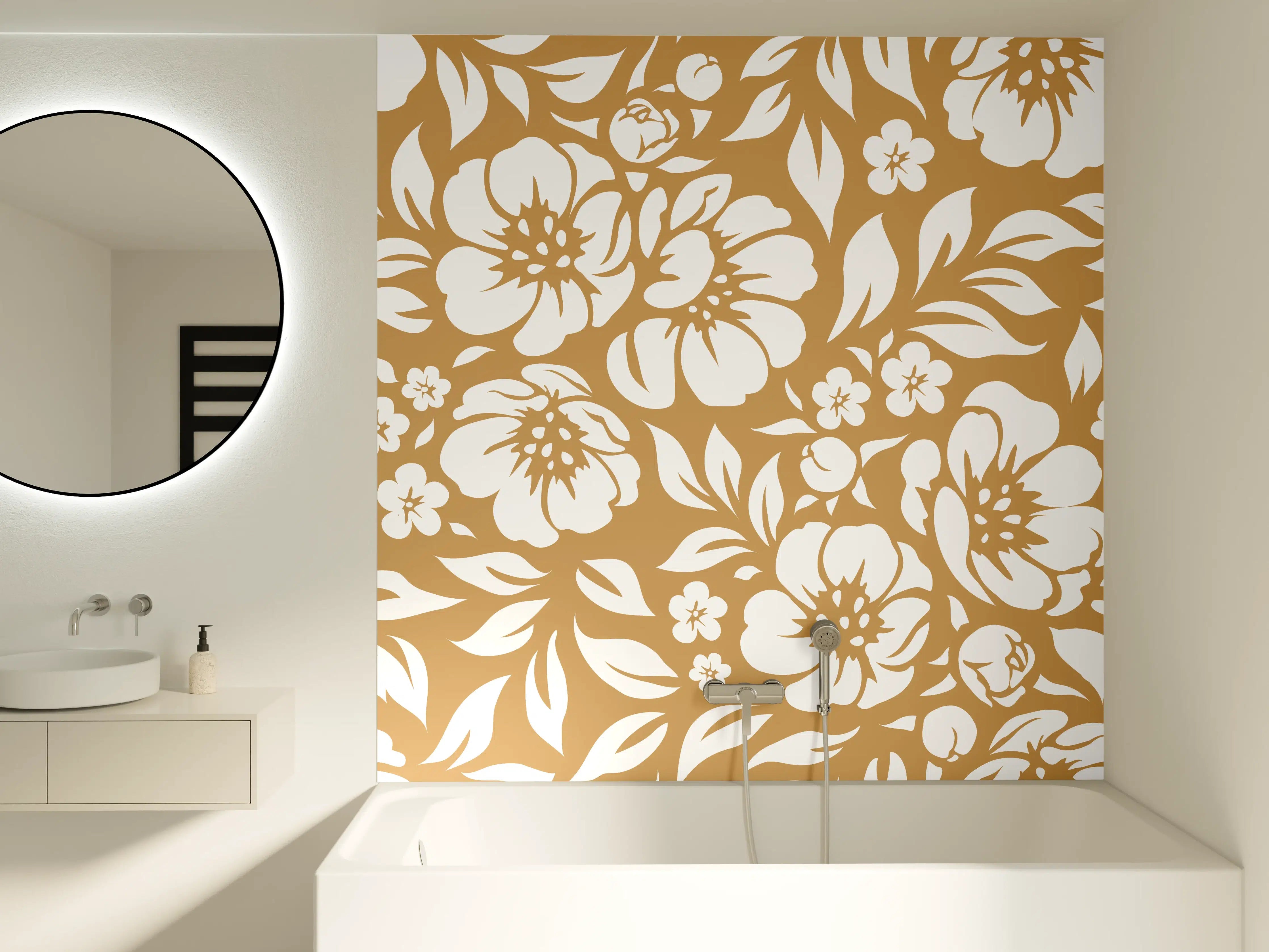 Badewannen-Rückwand - Weiße und goldene Blumenmuster-Textur