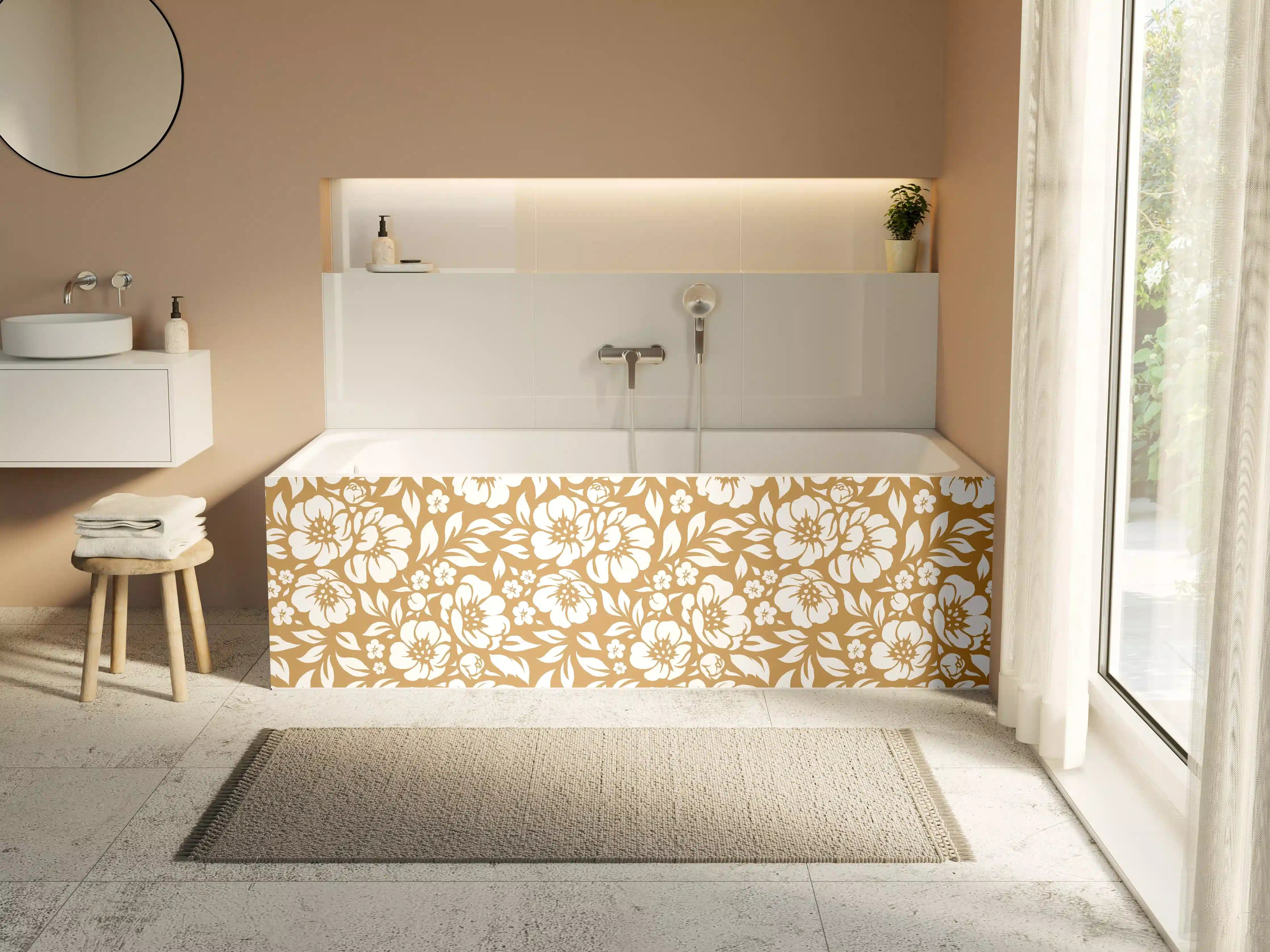 Badewannen-Rückwand - Weiße und goldene Blumenmuster-Textur