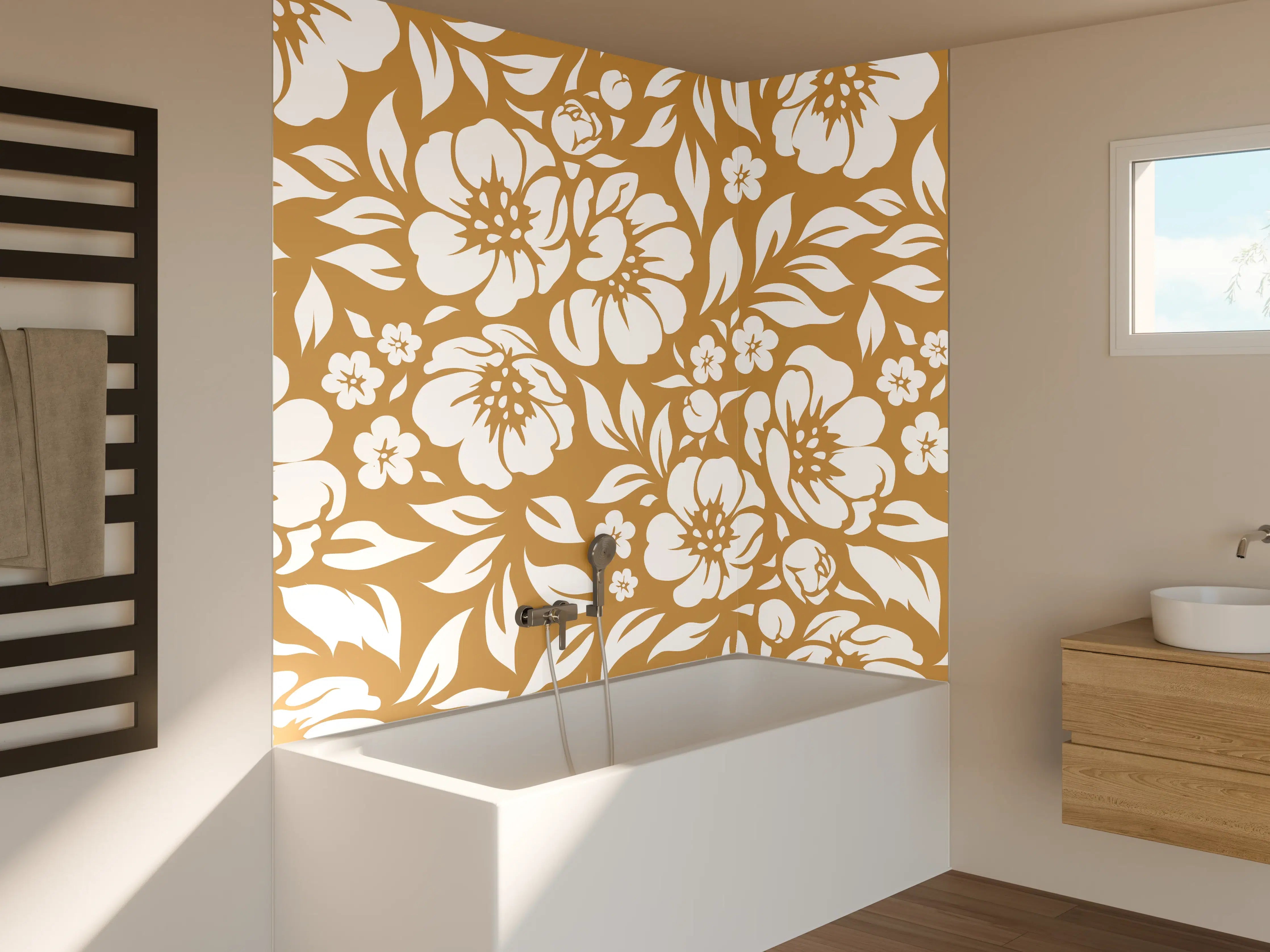 Badewannen-Rückwand - Weiße und goldene Blumenmuster-Textur